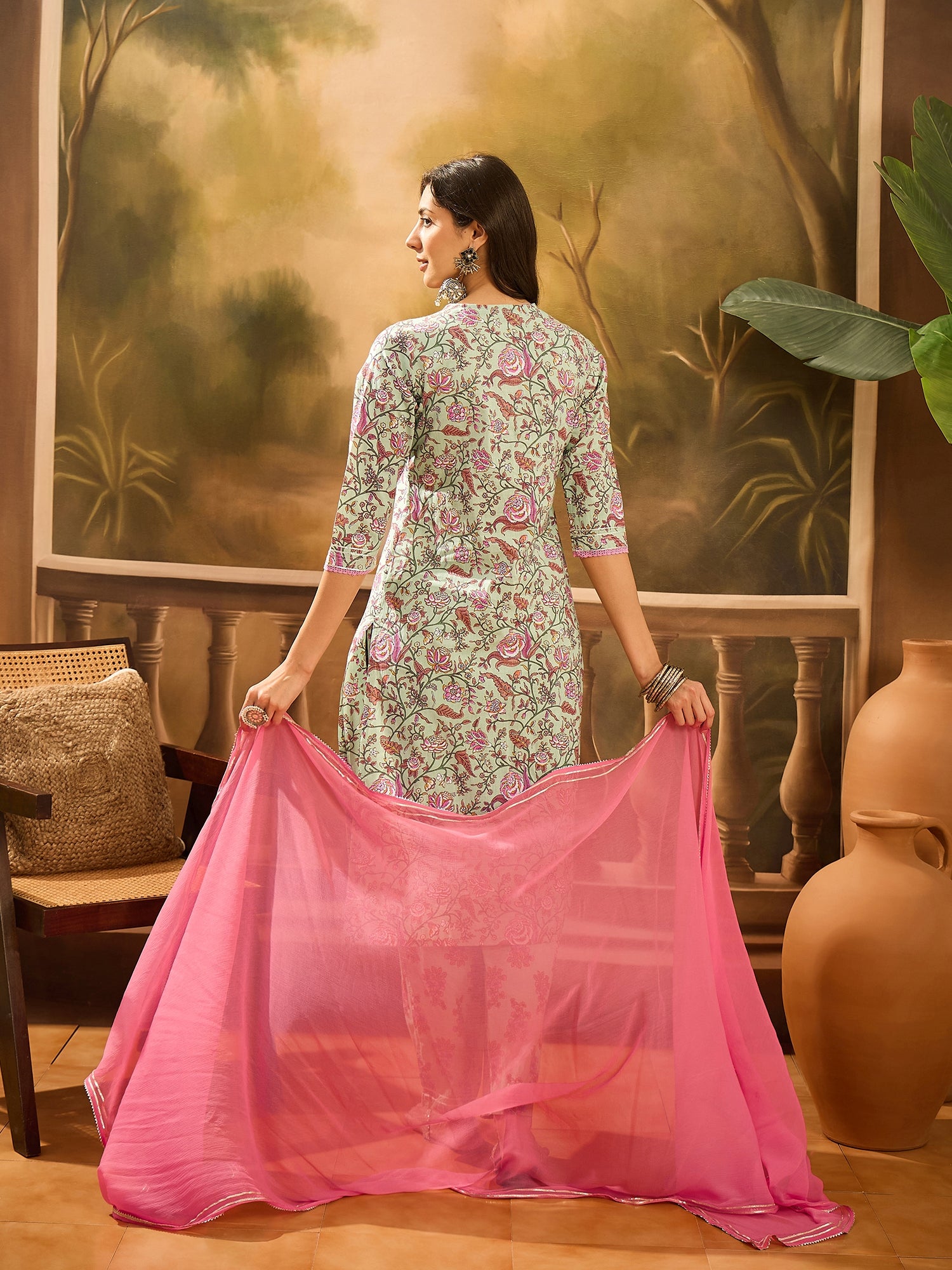 Green Pure Cotton V-Neck Kurta Set For Women