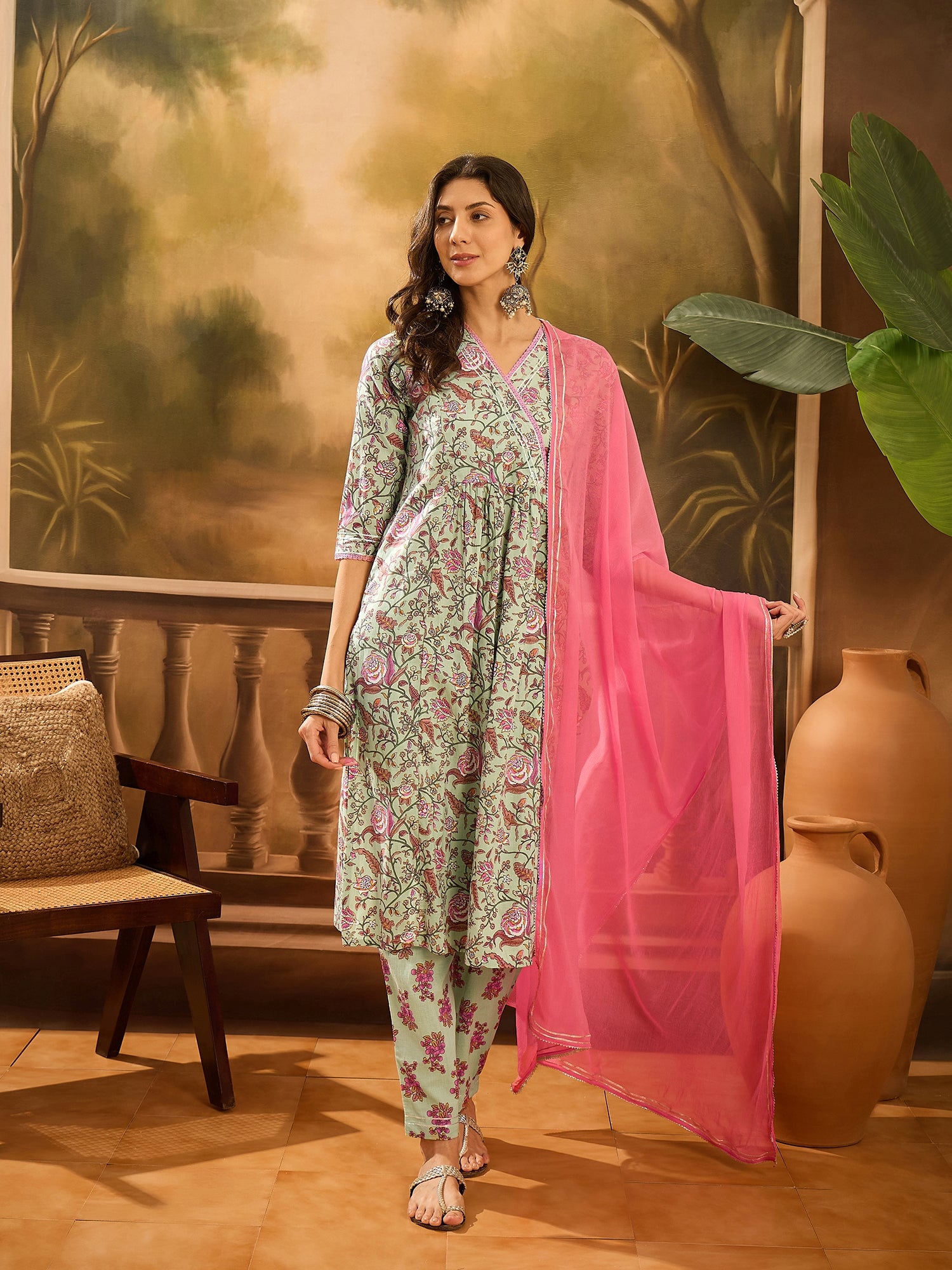 Green Pure Cotton V-Neck Kurta Set For Women