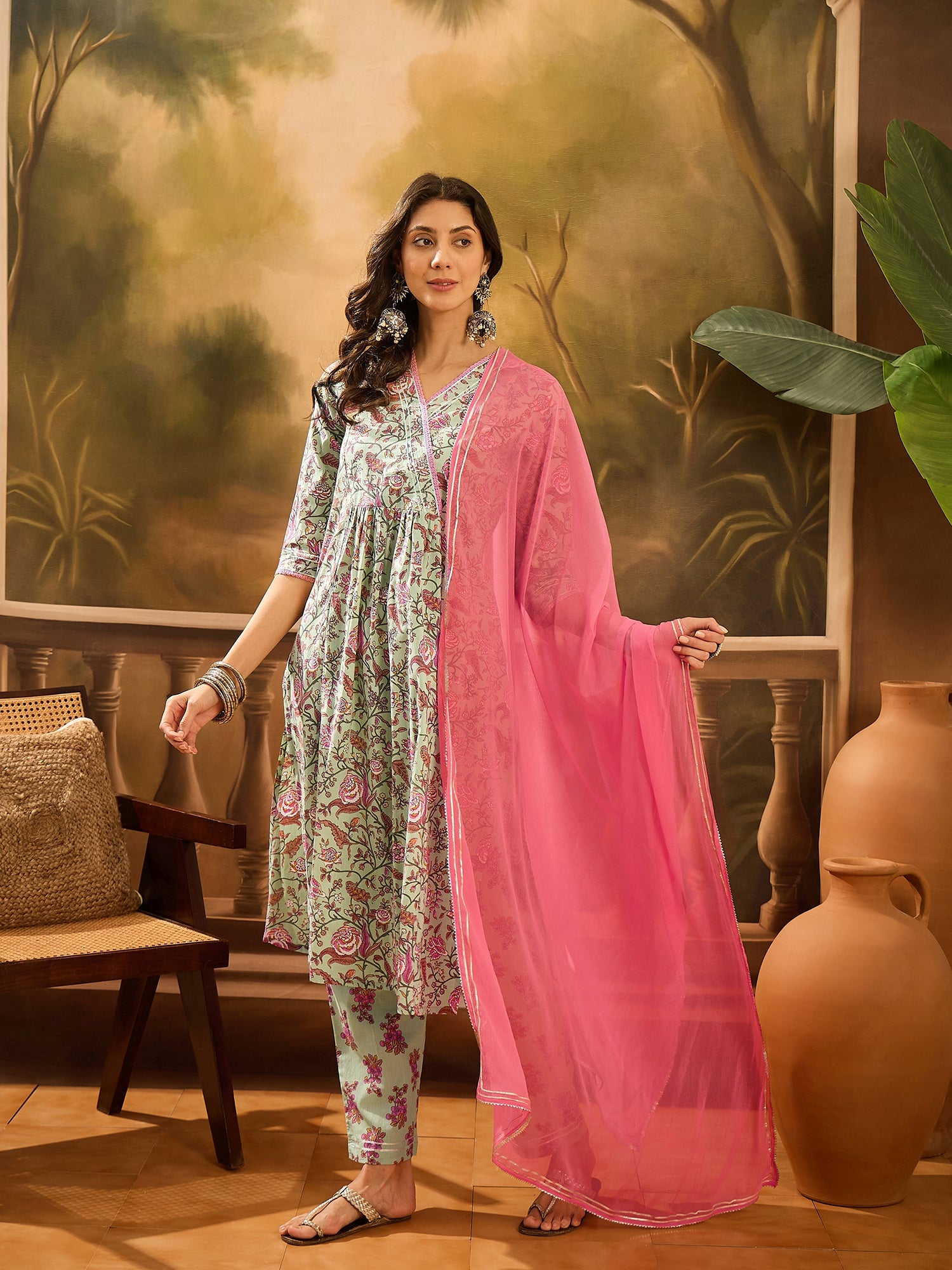 Green Pure Cotton V-Neck Kurta Set For Women