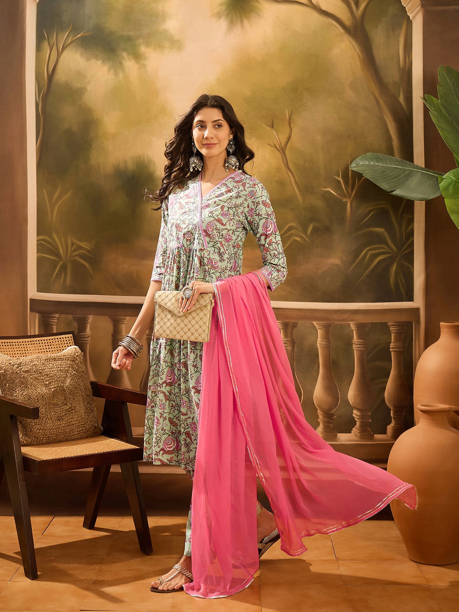 Green Pure Cotton V-Neck Kurta Set For Women