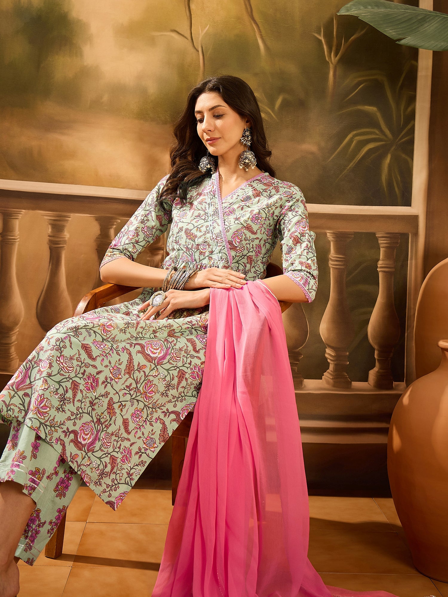 Green Pure Cotton V-Neck Kurta Set For Women