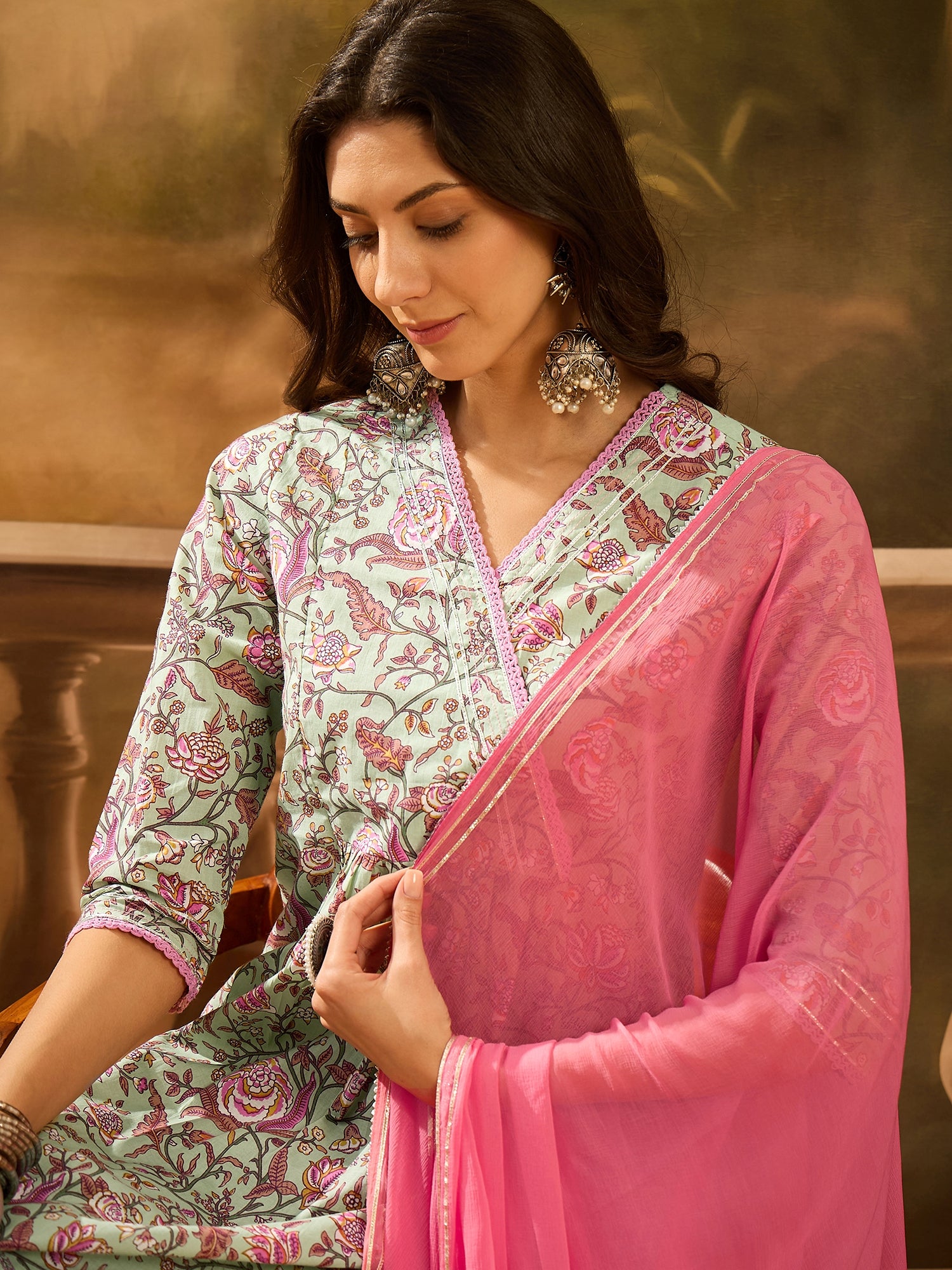 Green Pure Cotton V-Neck Kurta Set For Women