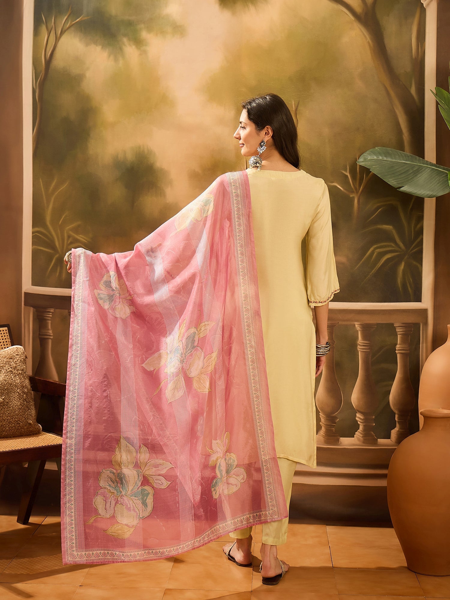 Lime Green Muslin V-Neck Kurta Set For Women - SanskrutiHomes