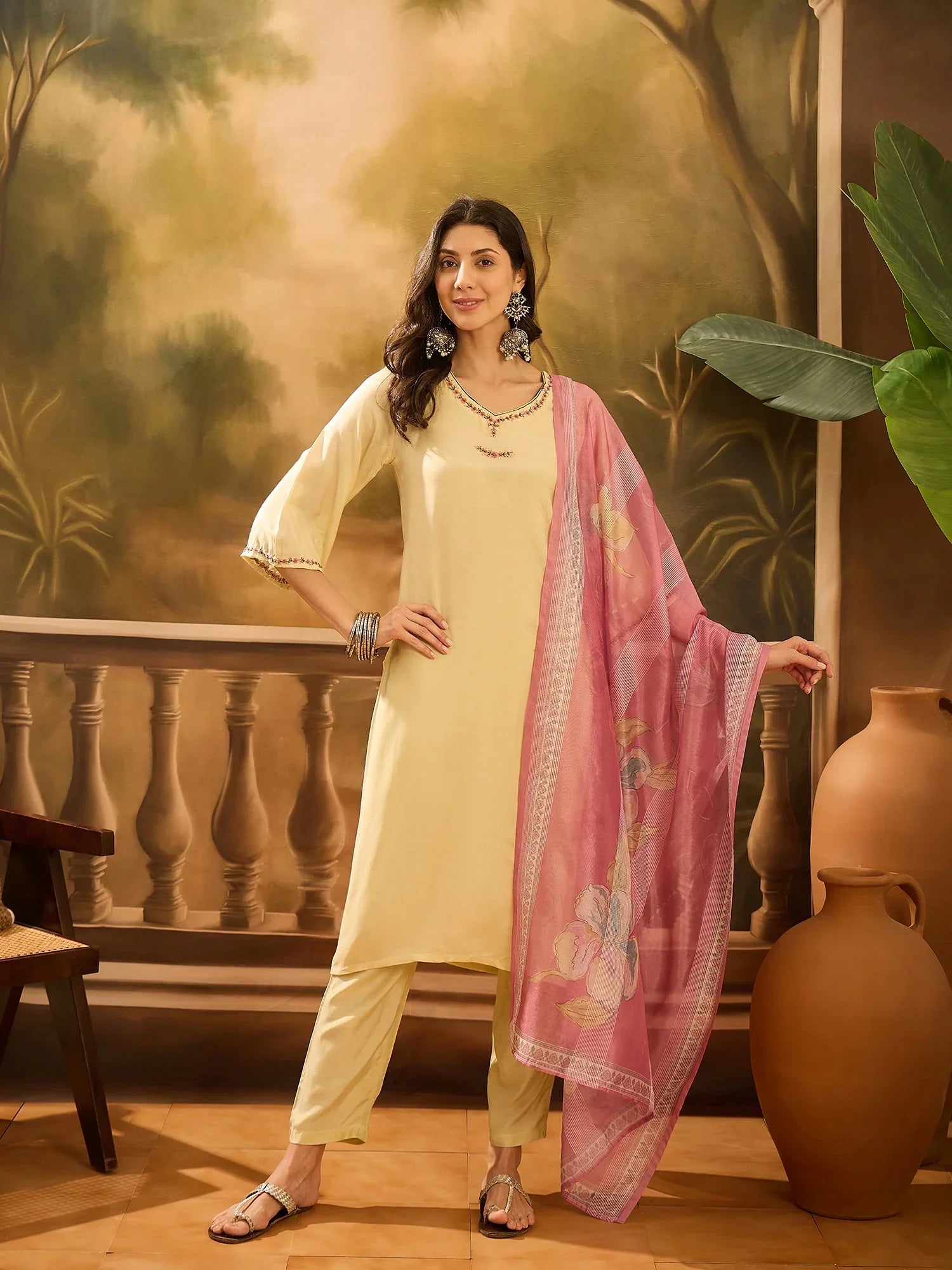 Lime Green Muslin V-Neck Kurta Set For Women - SanskrutiHomes
