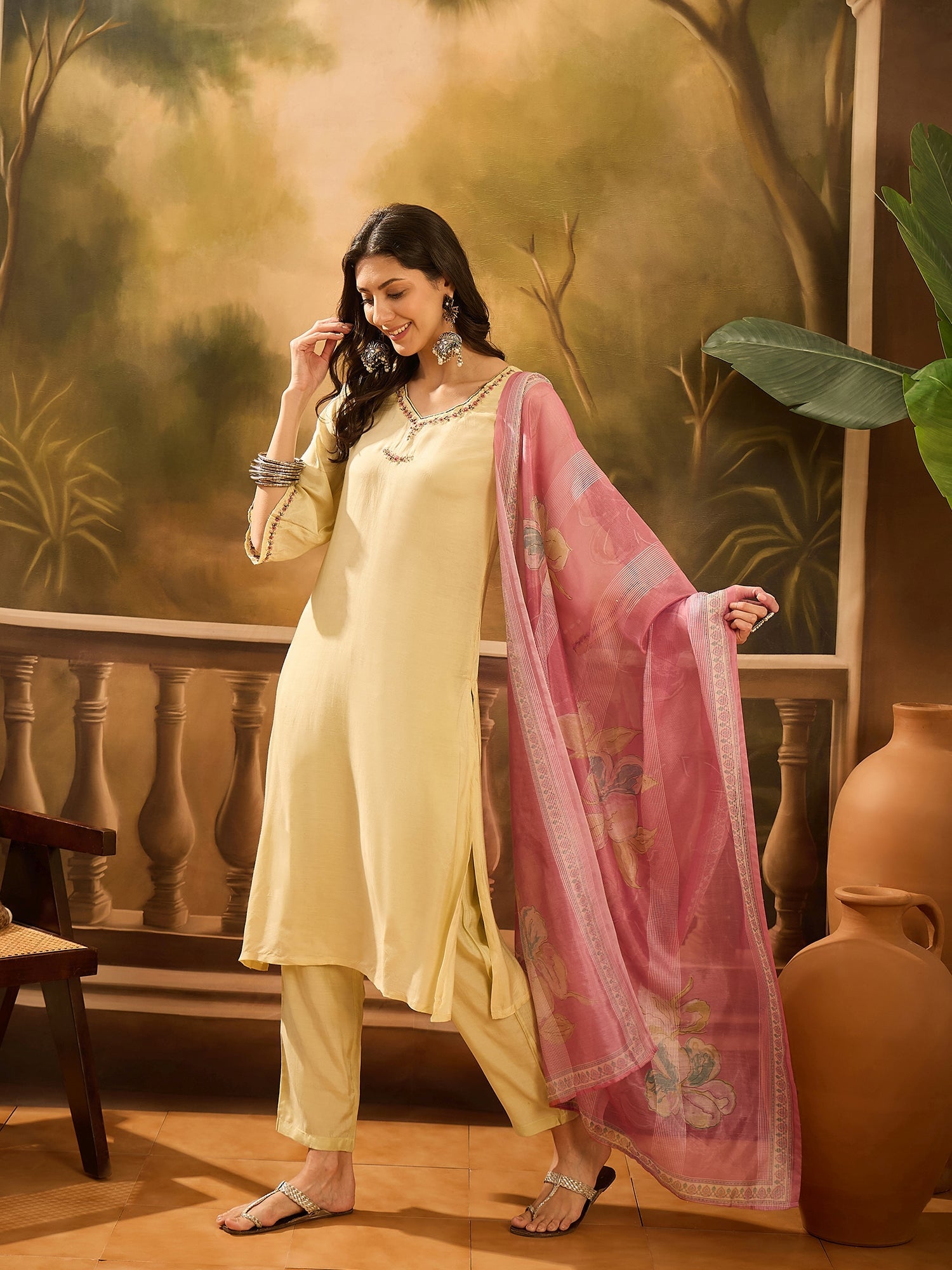 Lime Green Muslin V-Neck Kurta Set For Women - SanskrutiHomes