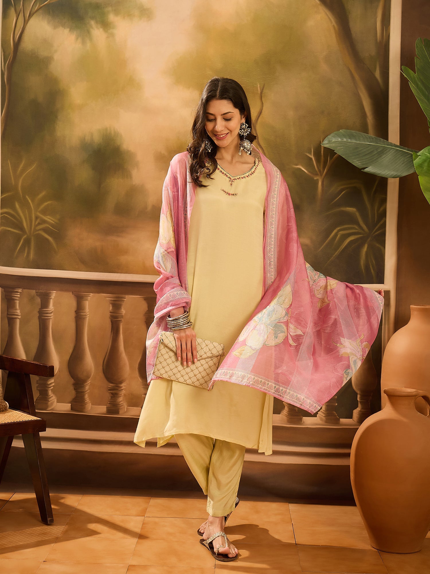 Lime Green Muslin V-Neck Kurta Set For Women - SanskrutiHomes