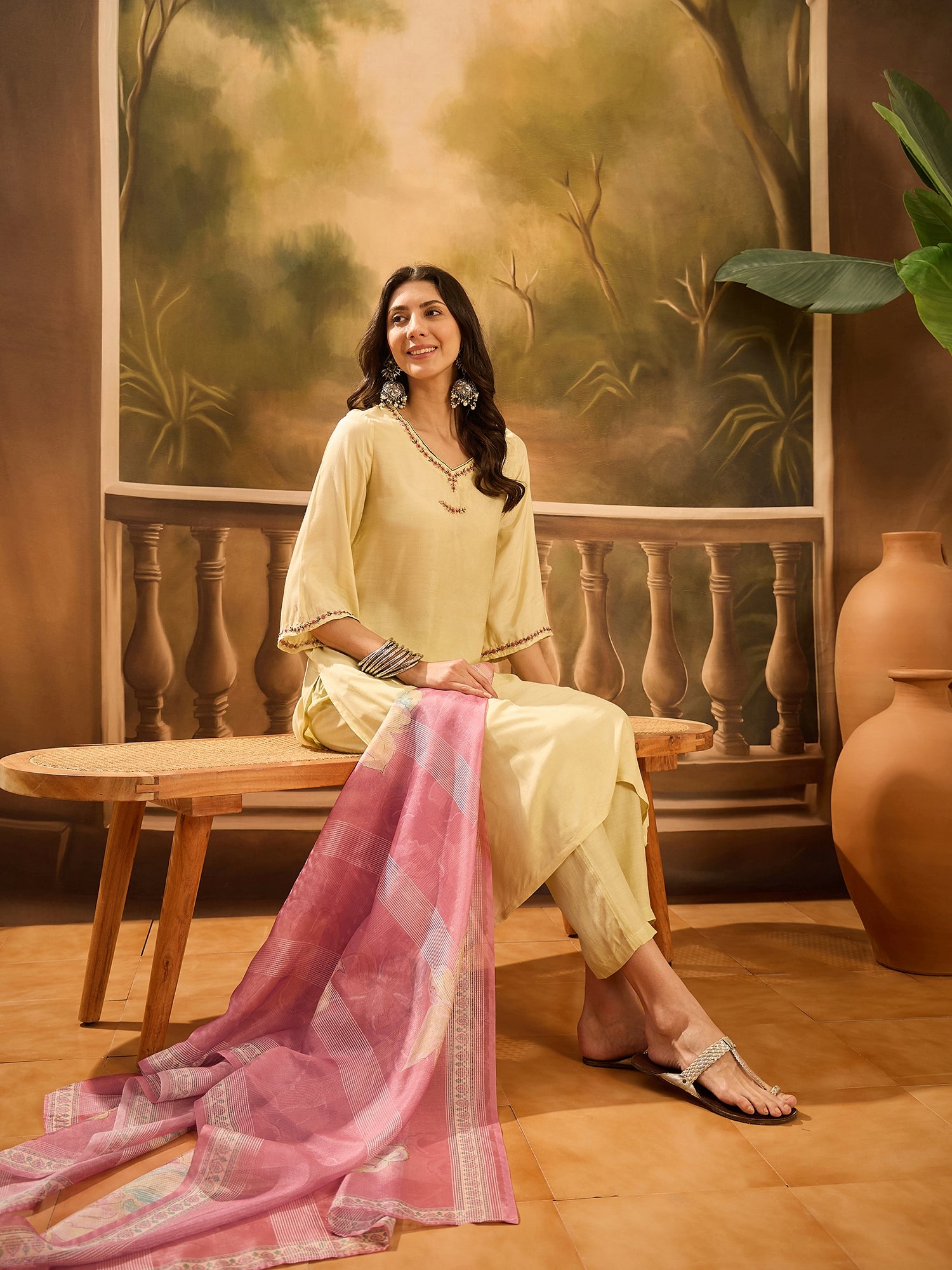 Lime Green Muslin V-Neck Kurta Set For Women