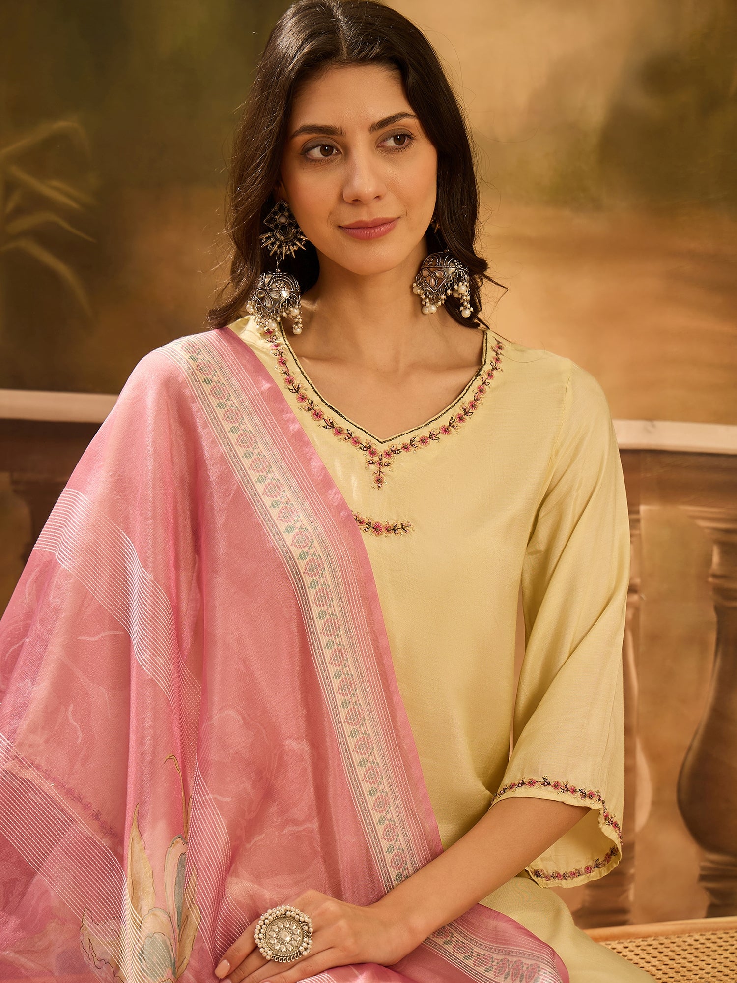 Lime Green Muslin V-Neck Kurta Set For Women