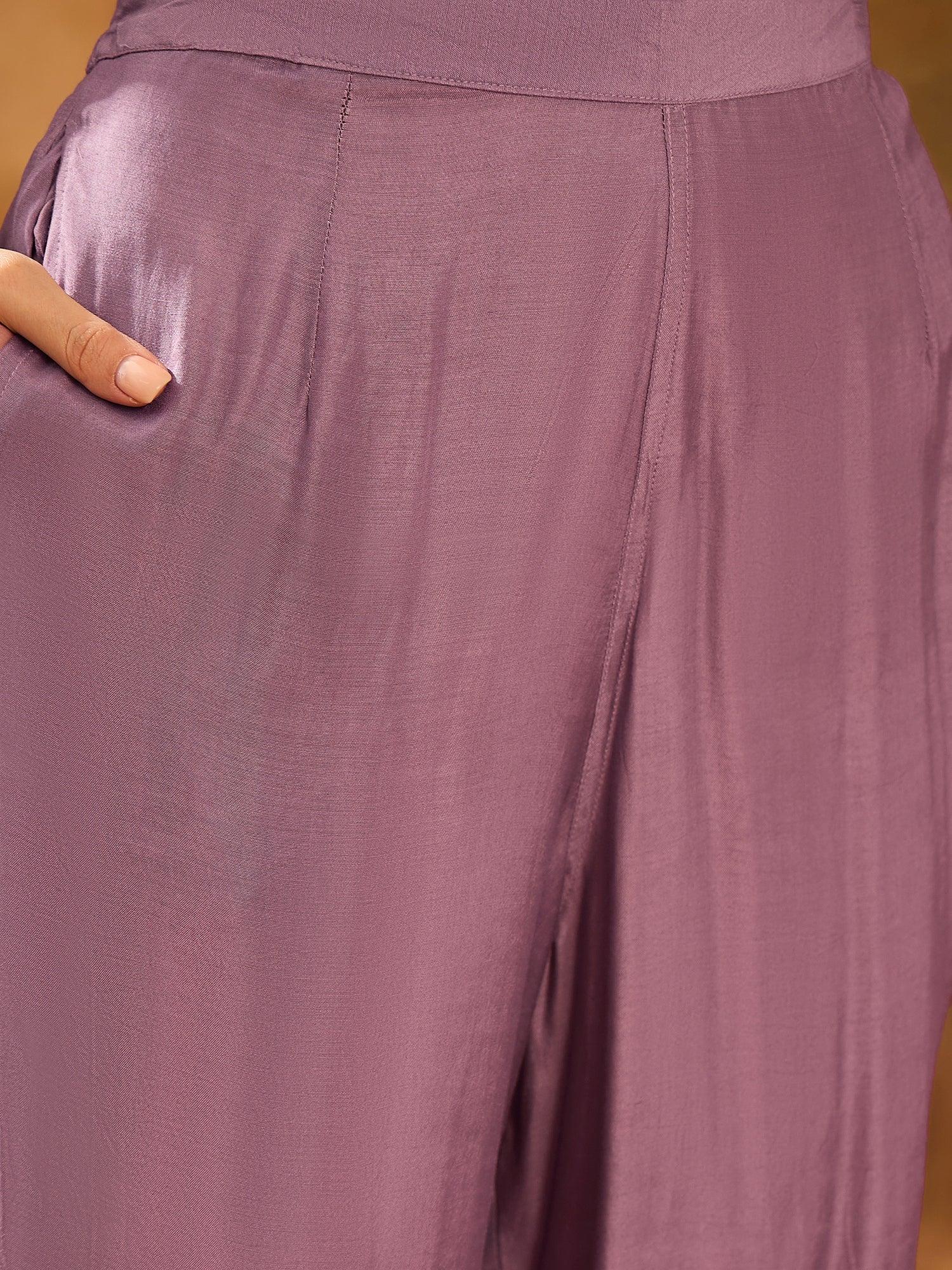 Purple Solid Print Muslin V-Neck Kurta set for women - SanskrutiHomes