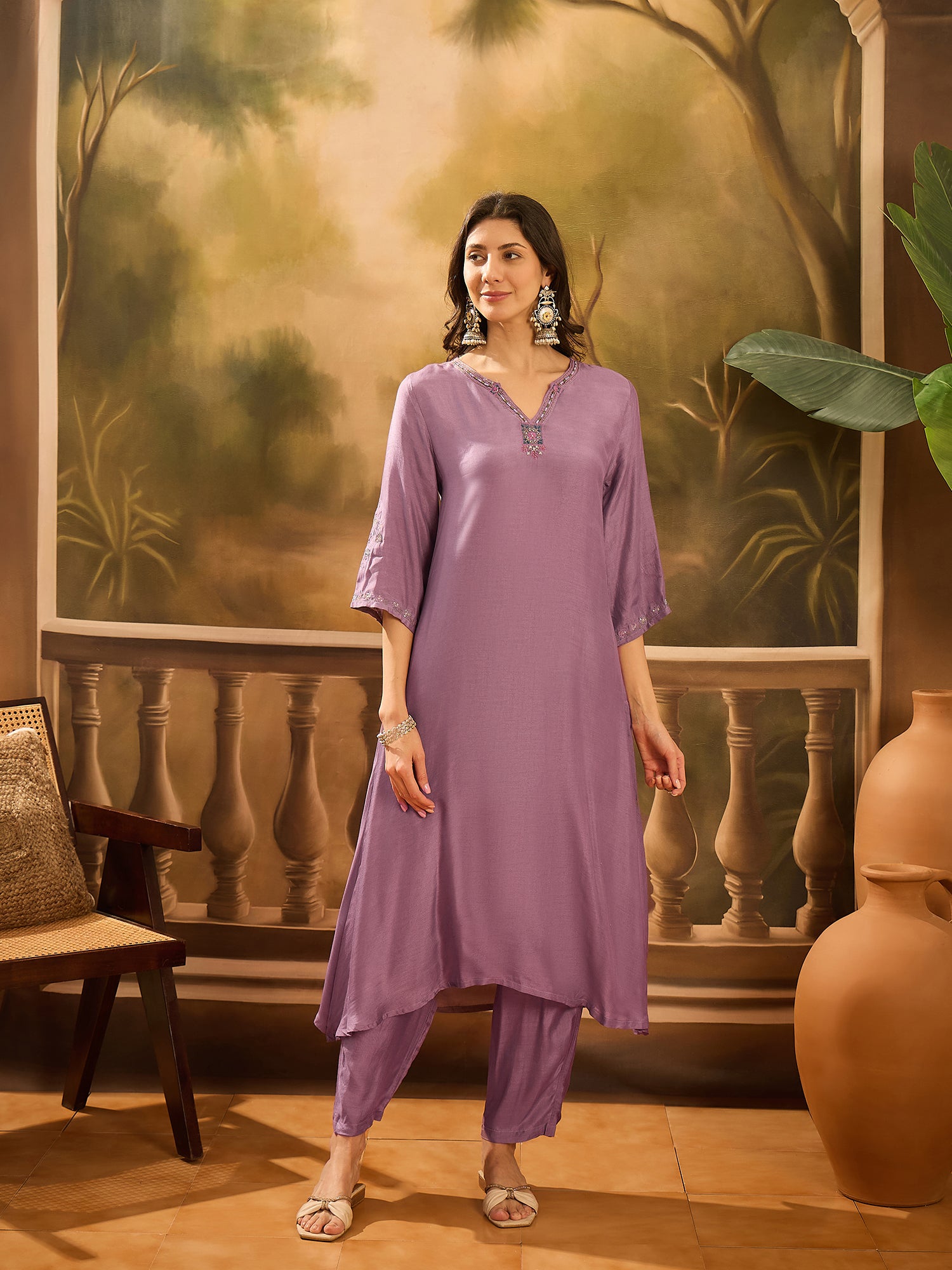 Purple Solid Print Muslin V-Neck Kurta set for women