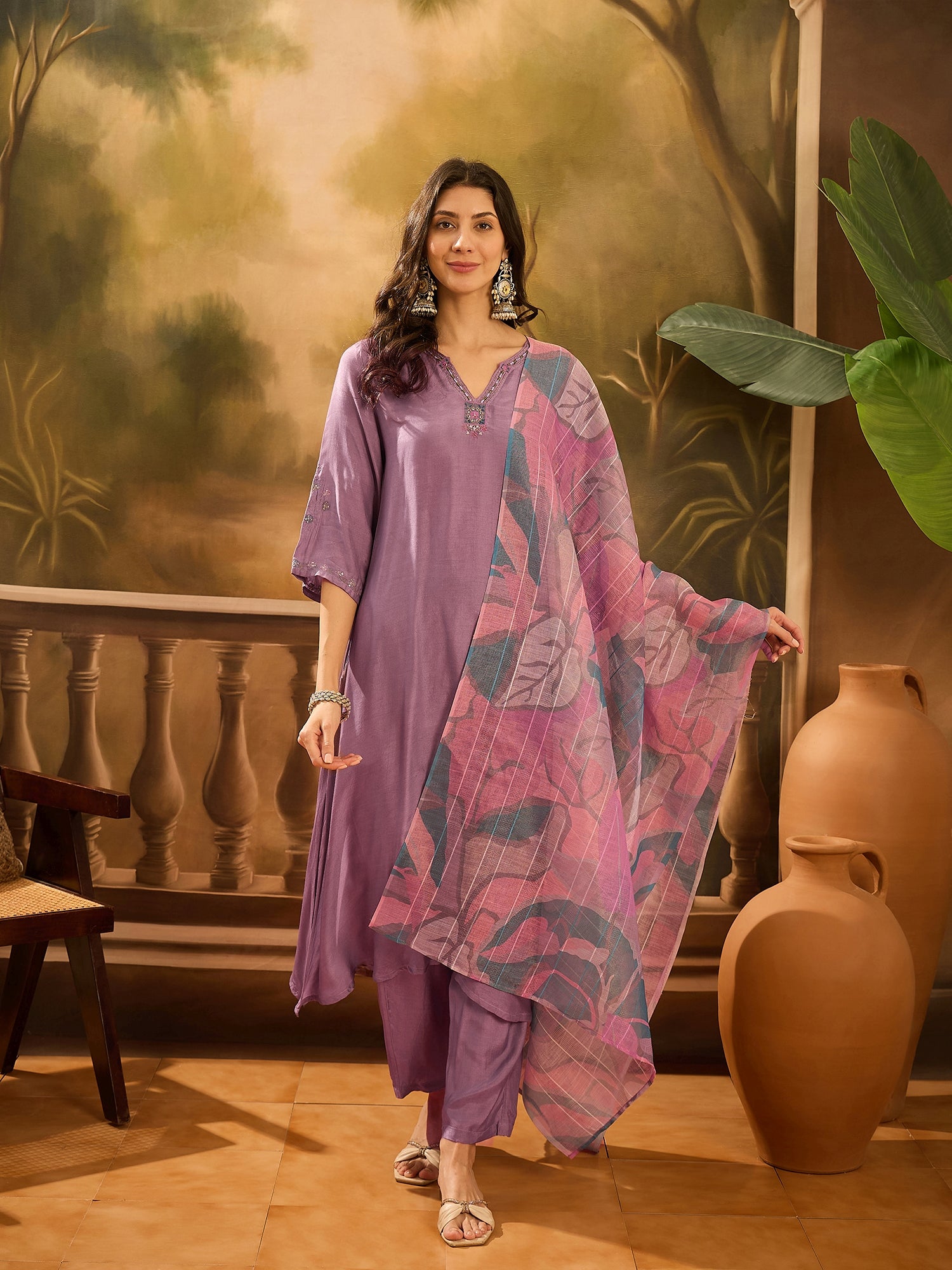 Purple Solid Print Muslin V-Neck Kurta set for women