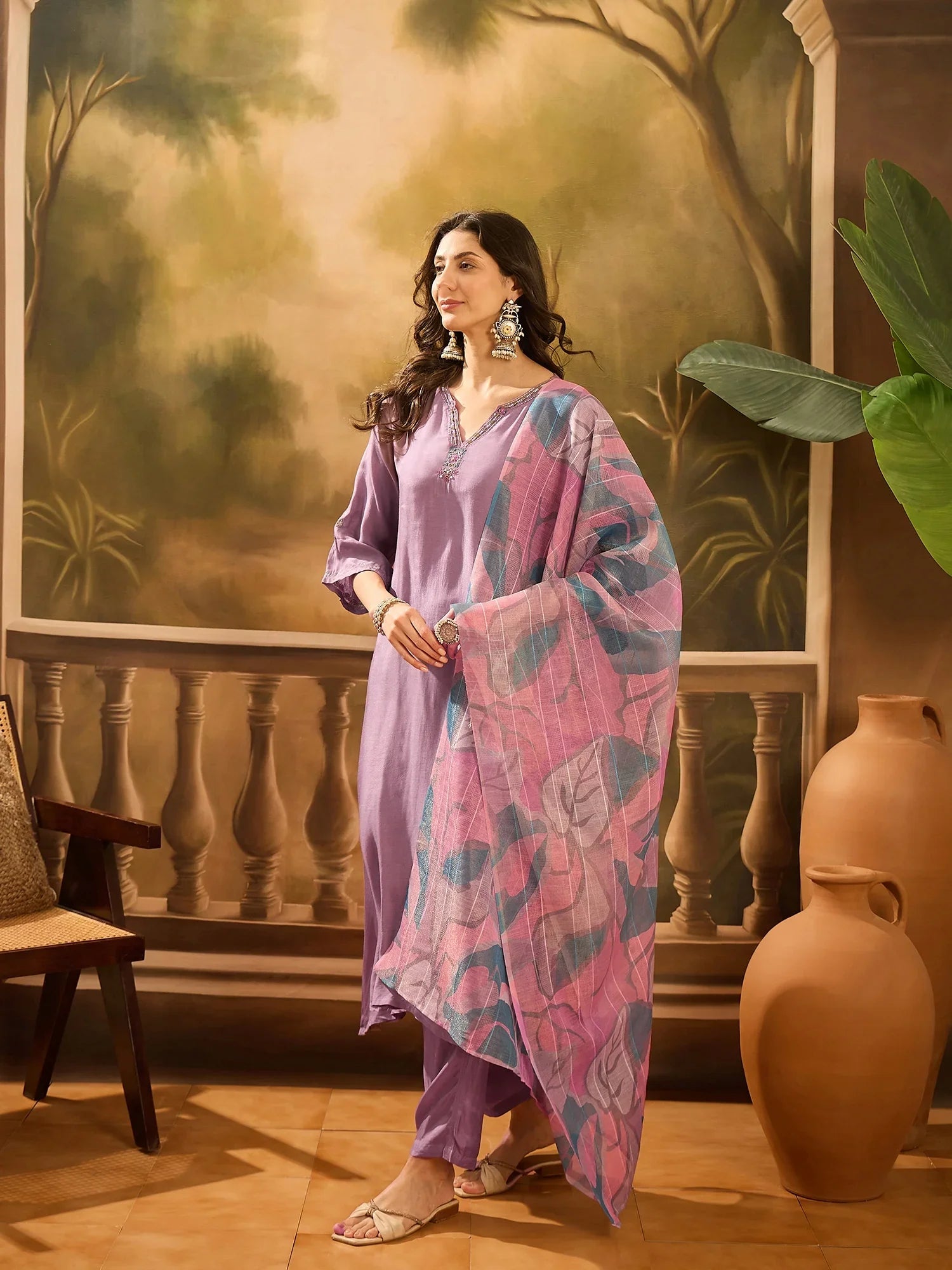 Purple Solid Print Muslin V-Neck Kurta set for women - SanskrutiHomes