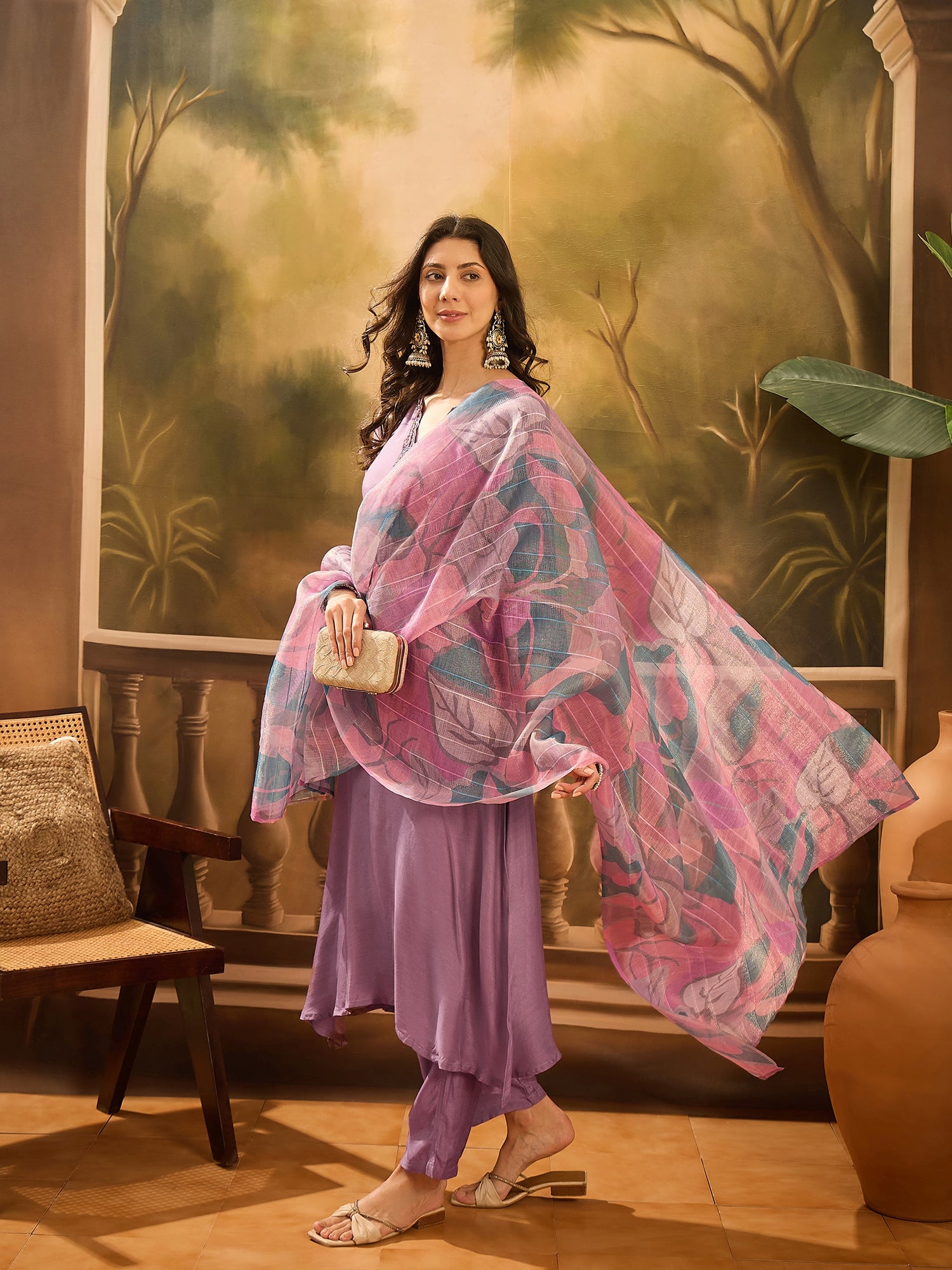 Purple Solid Print Muslin V-Neck Kurta set for women