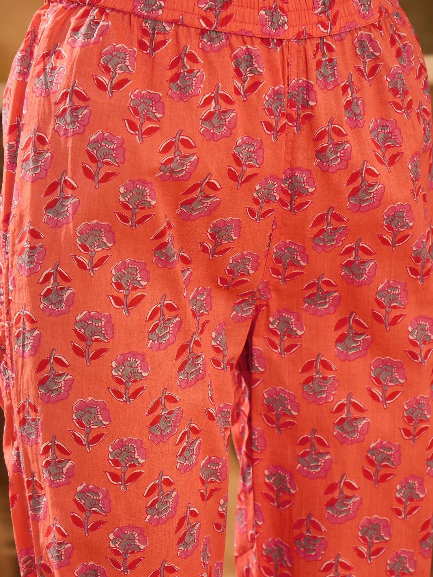 Orange Pure Cotton Round Neck Kurta Set For Women