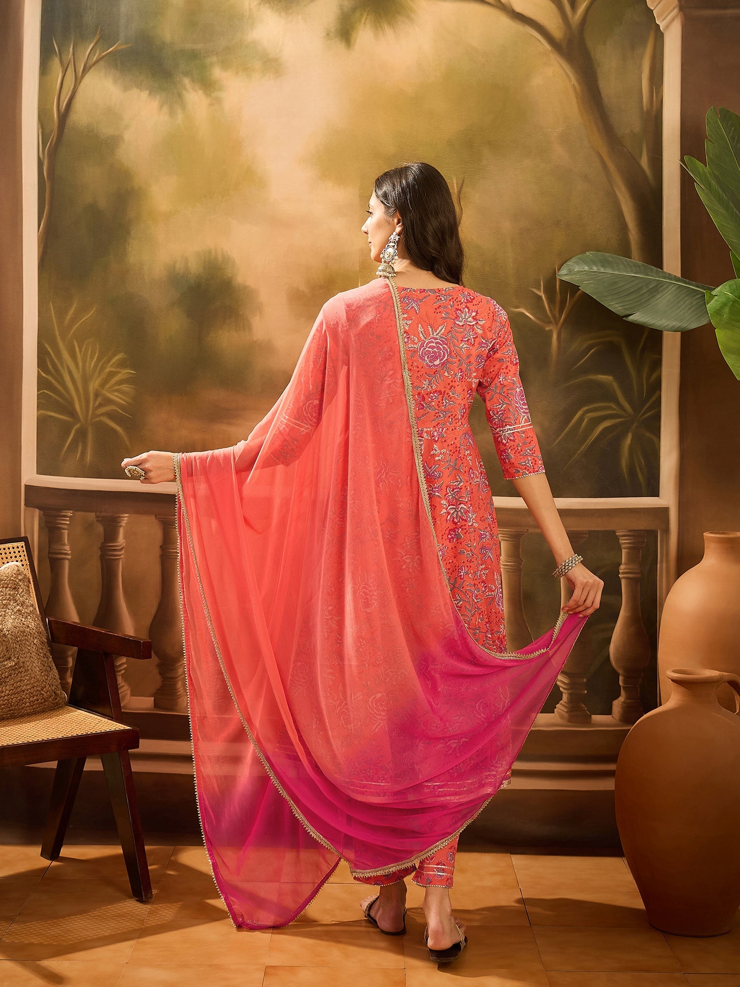 Orange Pure Cotton Round Neck Kurta Set For Women