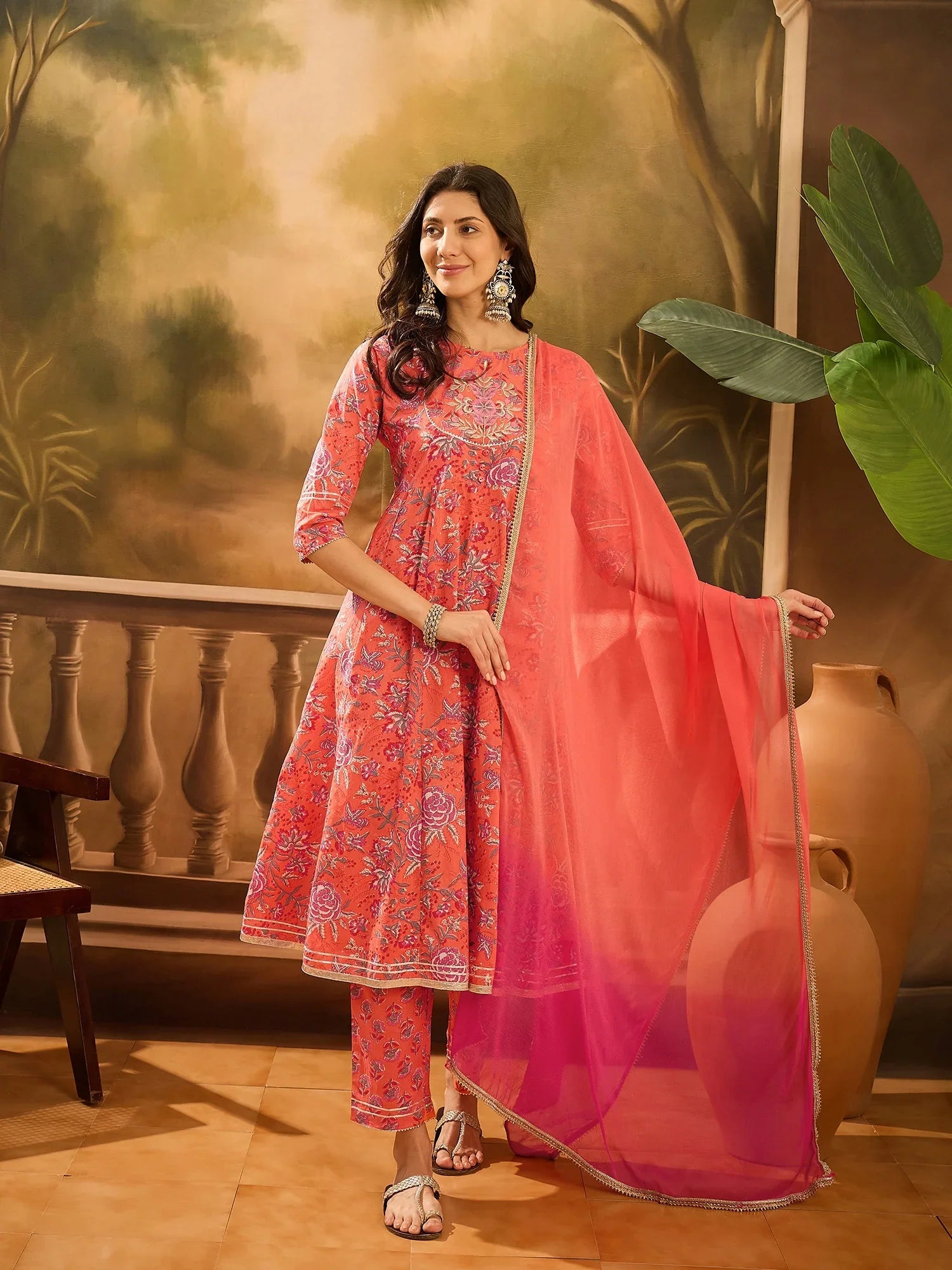 Orange Pure Cotton Round Neck Kurta Set For Women - SanskrutiHomes