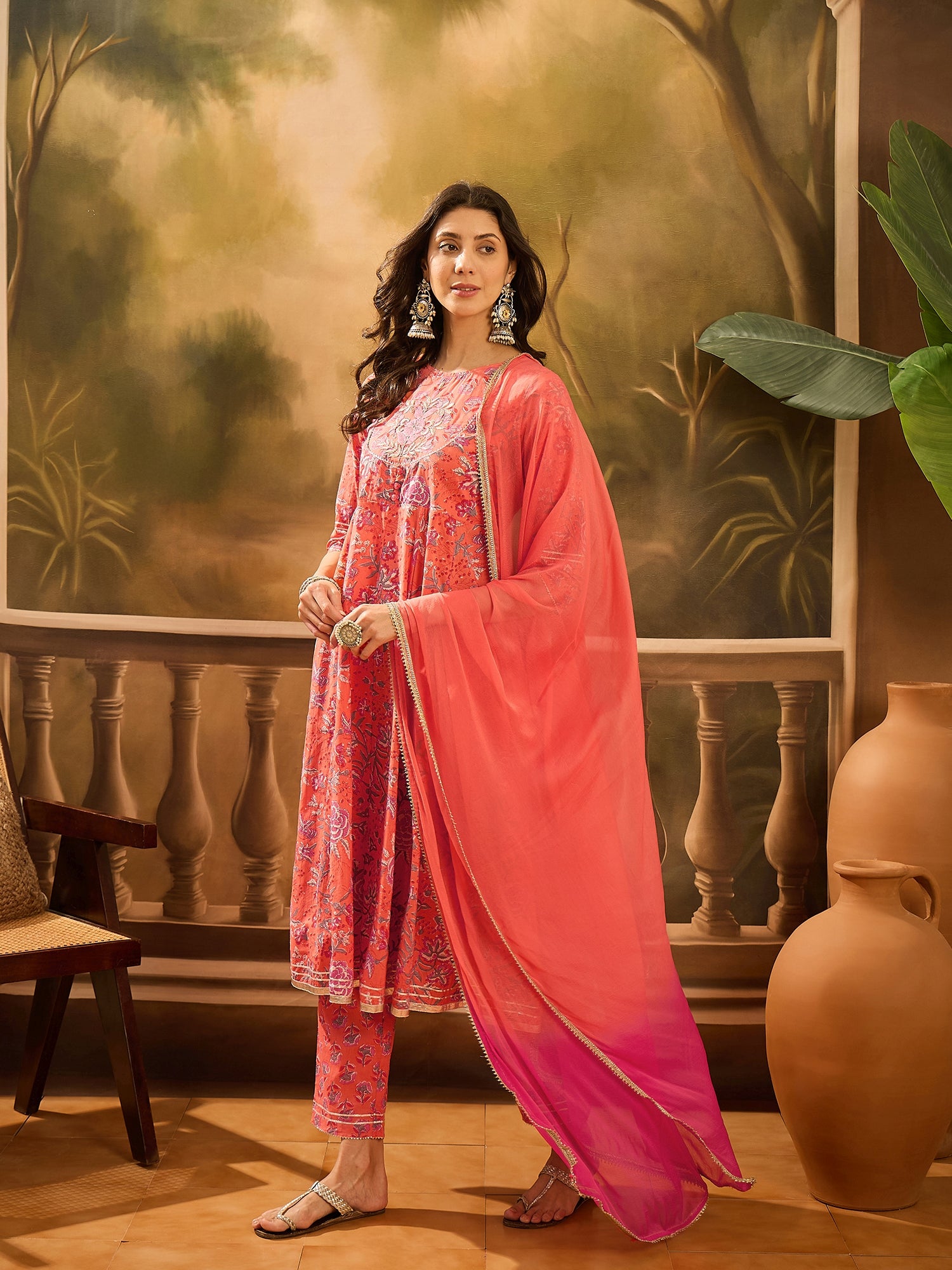 Orange Pure Cotton Round Neck Kurta Set For Women