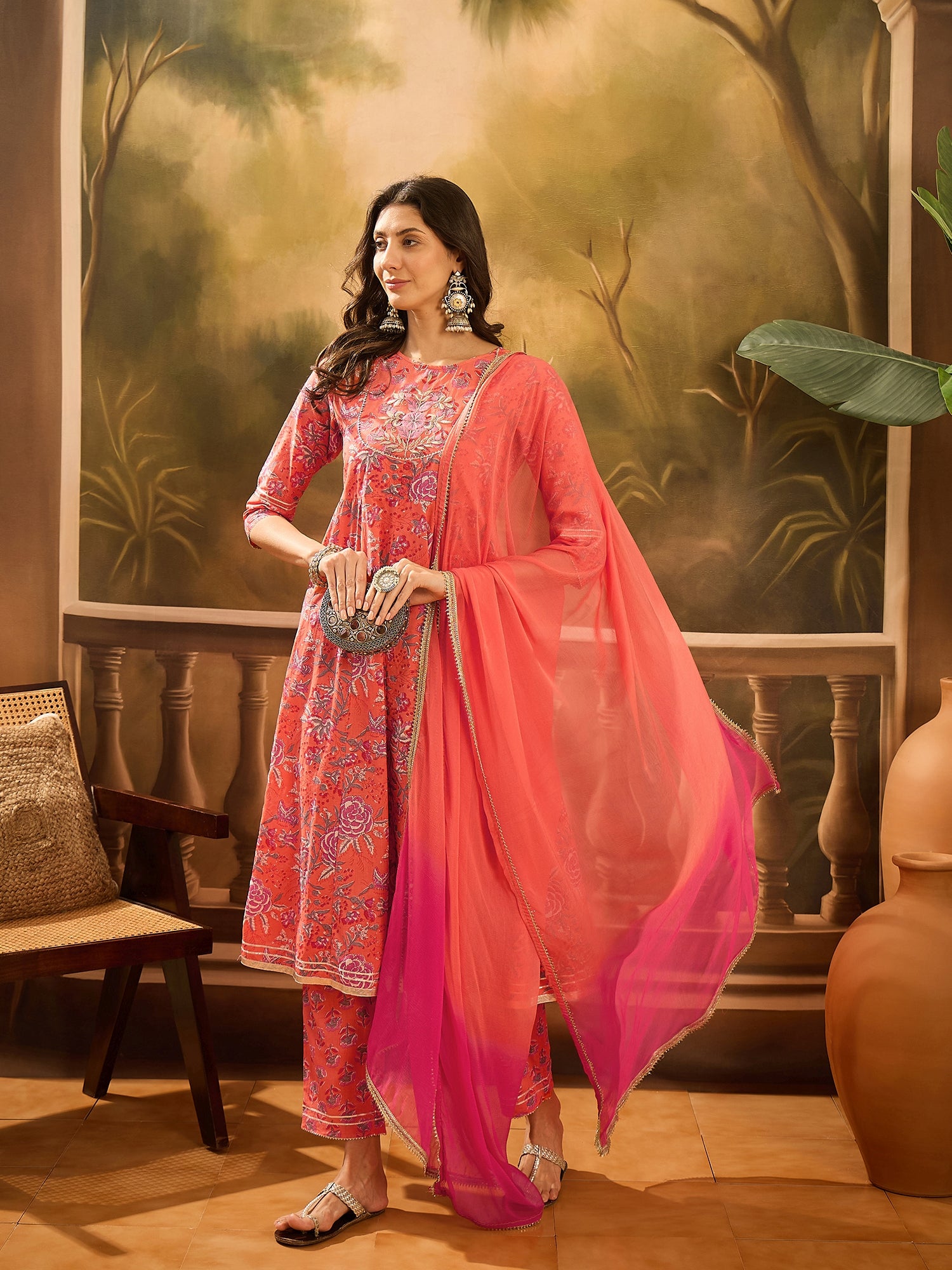 Orange Pure Cotton Round Neck Kurta Set For Women