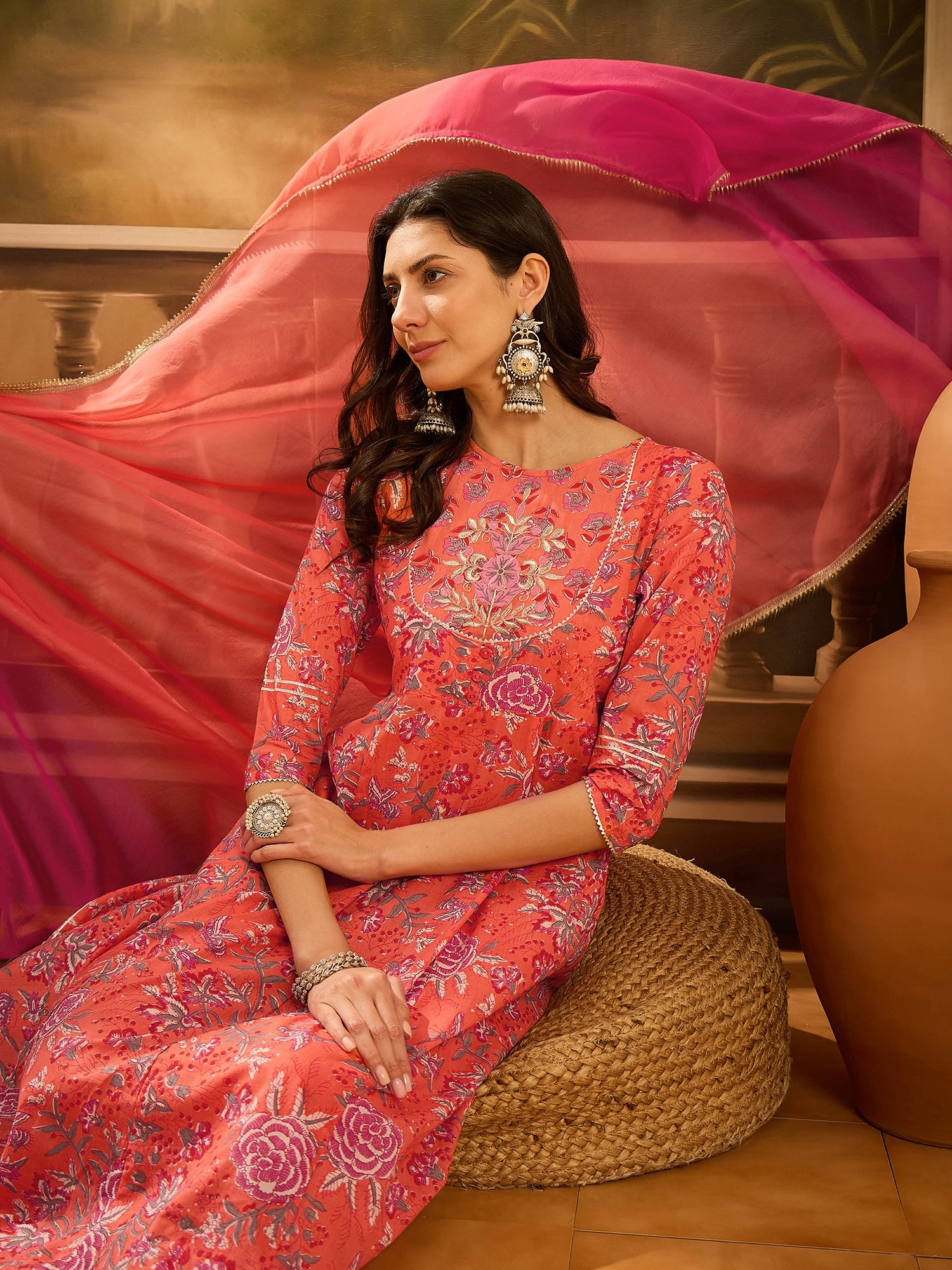 Orange Pure Cotton Round Neck Kurta Set For Women