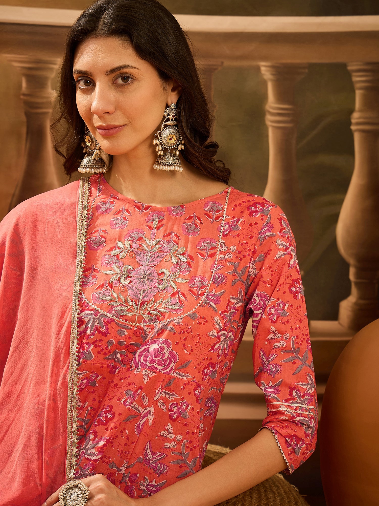 Orange Pure Cotton Round Neck Kurta Set For Women