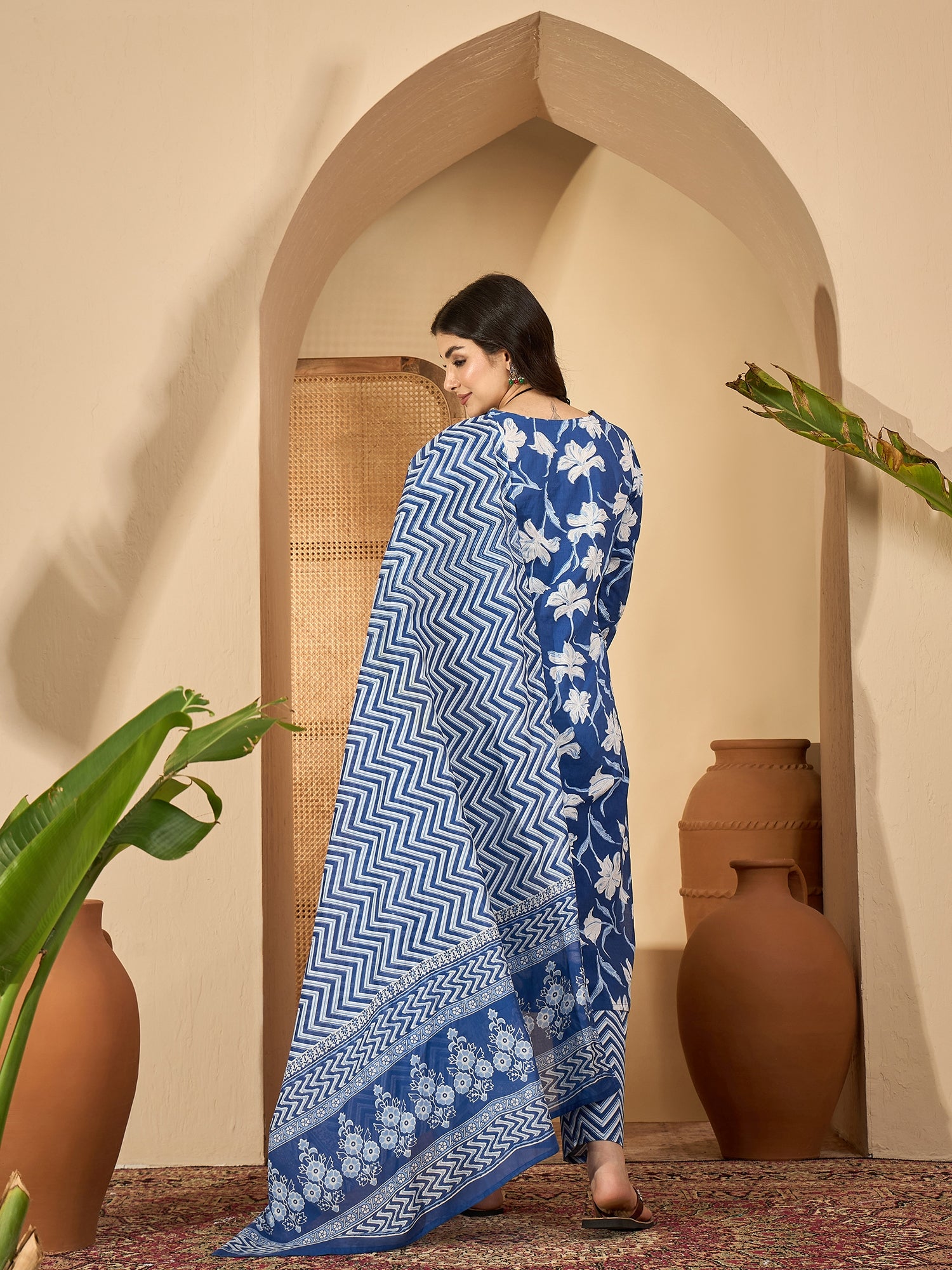 Blue Printed Round Neck Pure Cotton Kurta Set For Women