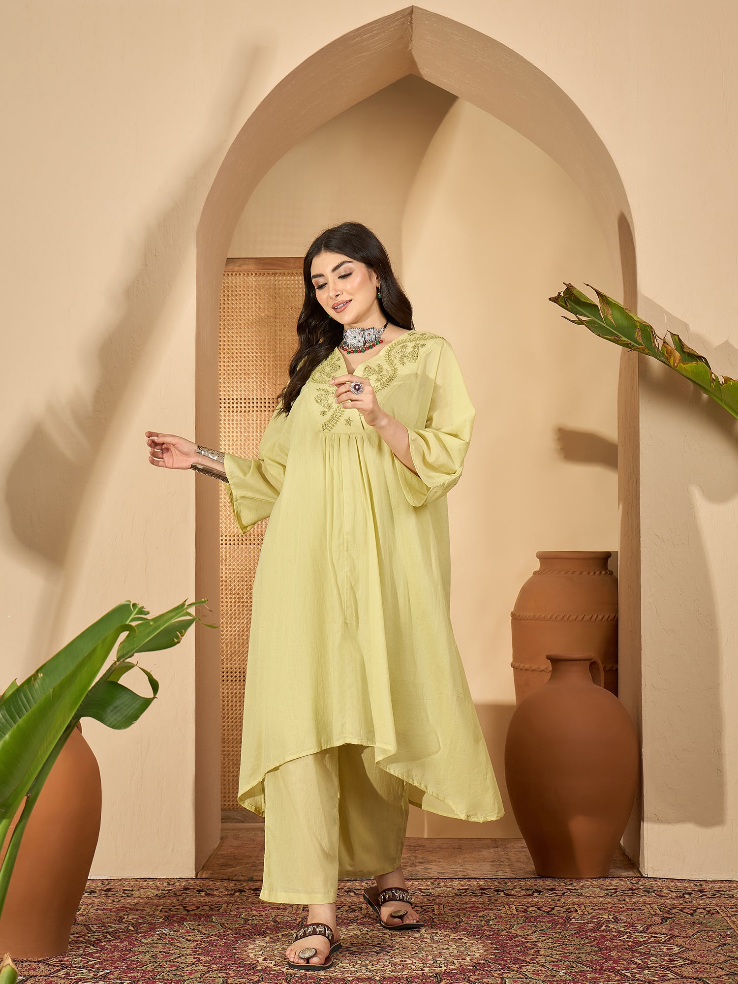 Lime Green V-Neck Pure Cotton Co-Ords Set For Women