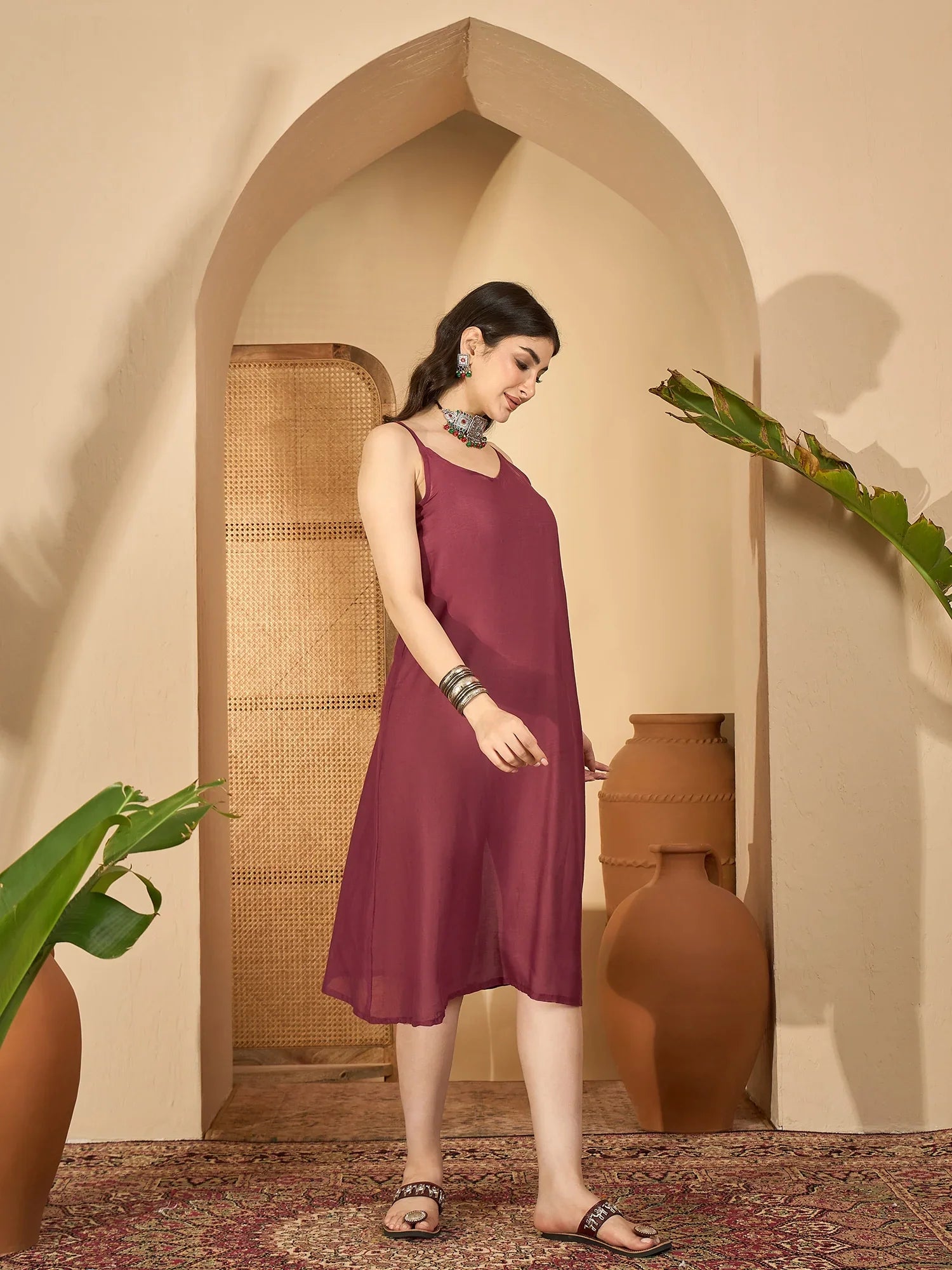 Maroon V-Neck Solid Dress with Inner - SanskrutiHomes