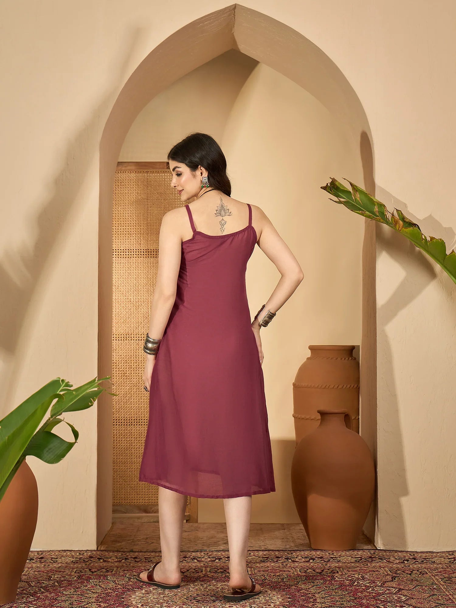 Maroon V-Neck Solid Dress with Inner - SanskrutiHomes