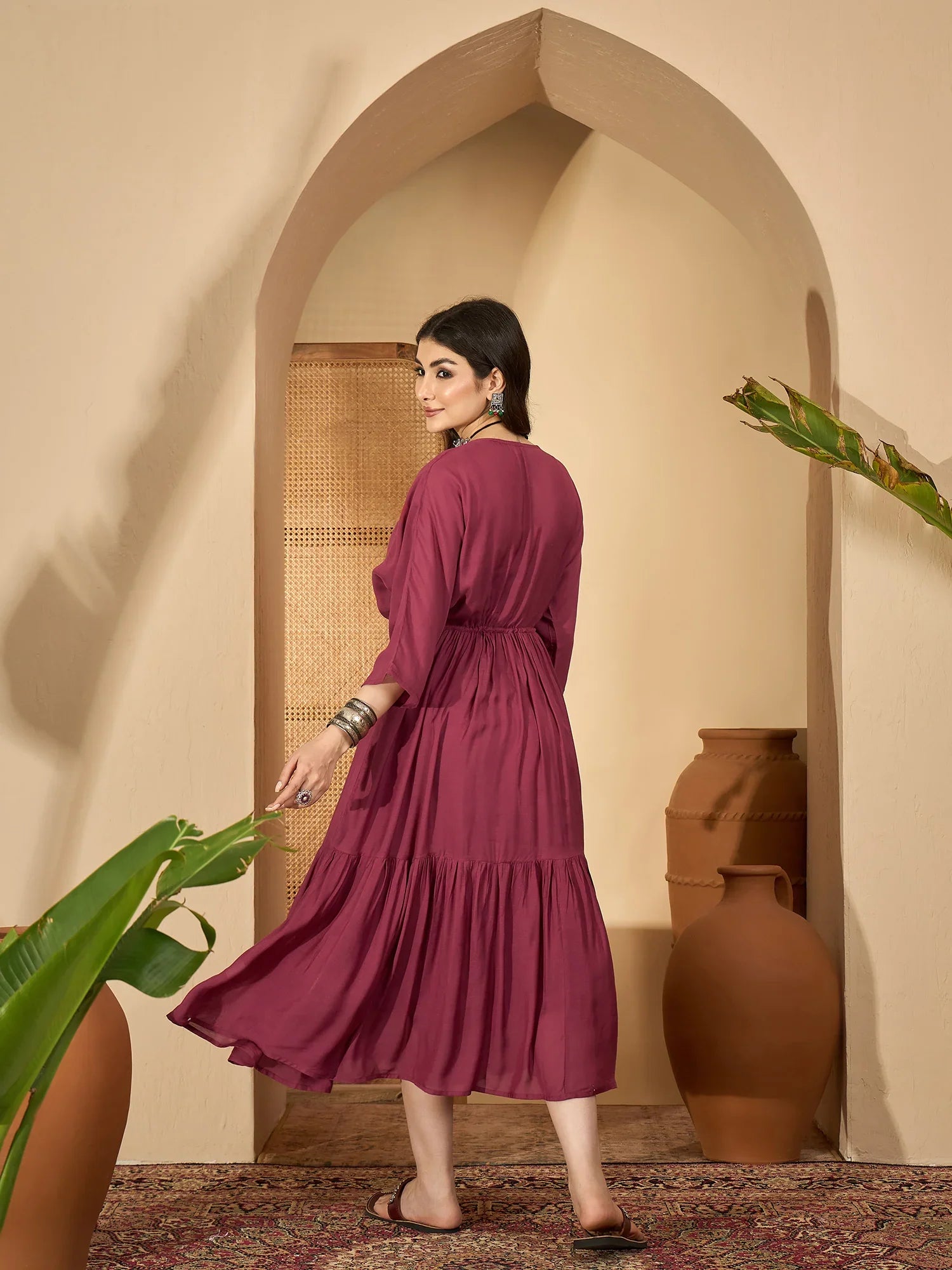 Maroon V-Neck Solid Dress with Inner - SanskrutiHomes