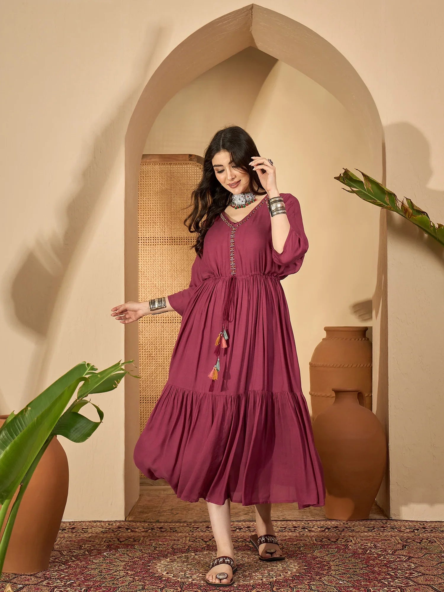 Maroon V-Neck Solid Dress with Inner - SanskrutiHomes