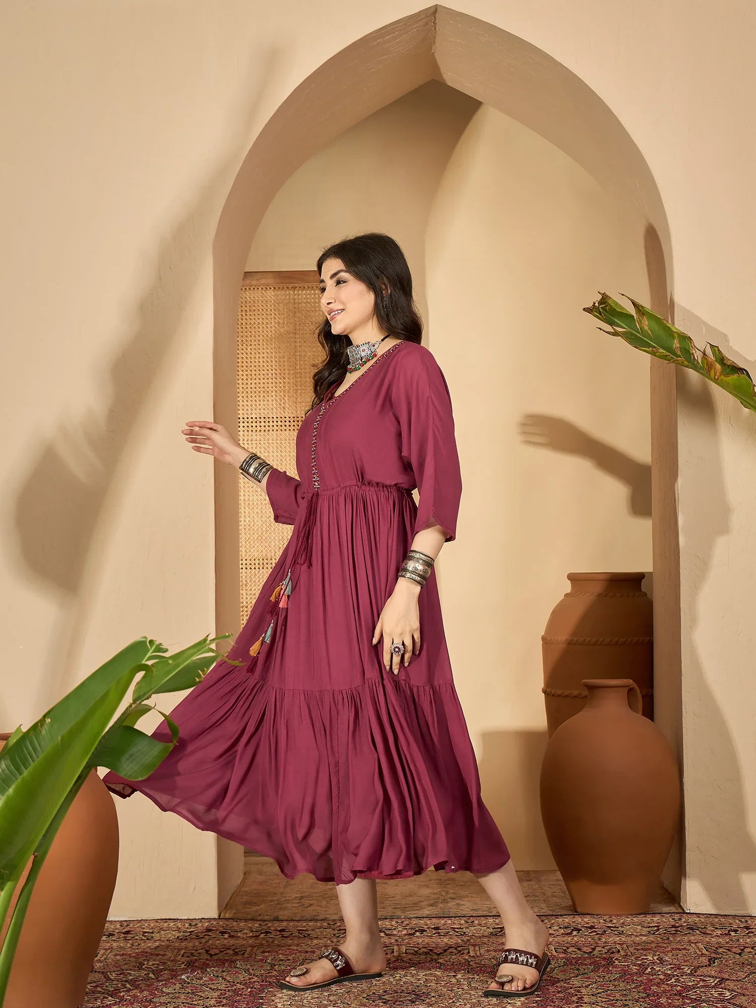 Maroon V-Neck Solid Dress with Inner - SanskrutiHomes