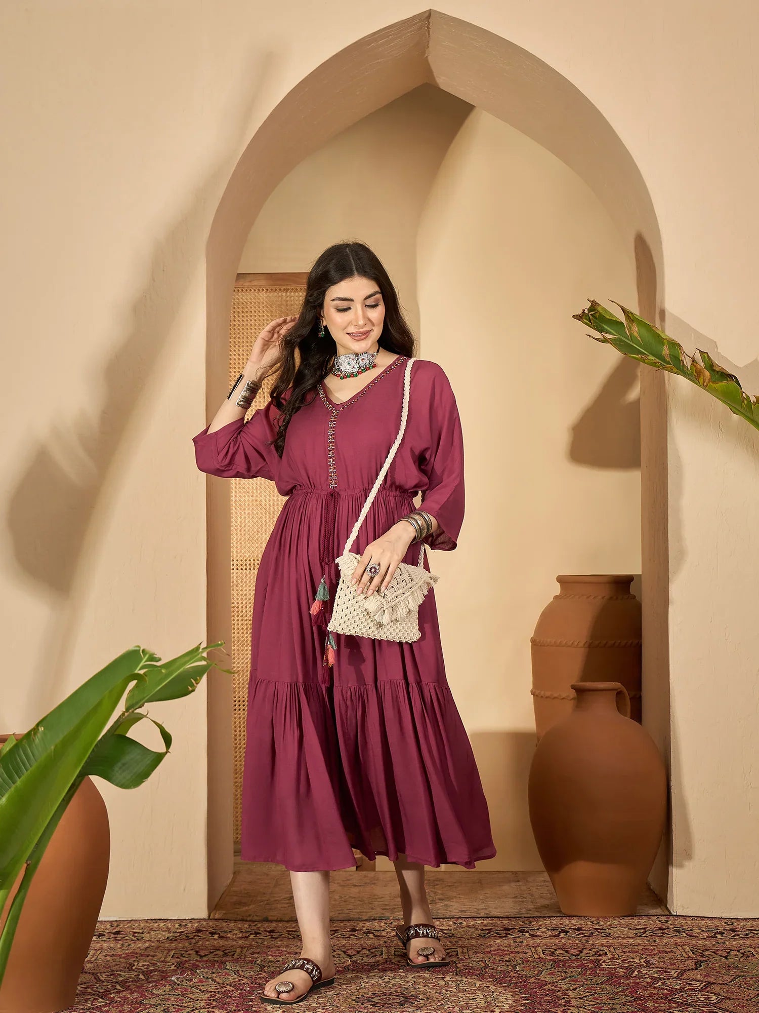 Maroon V-Neck Solid Dress with Inner - SanskrutiHomes
