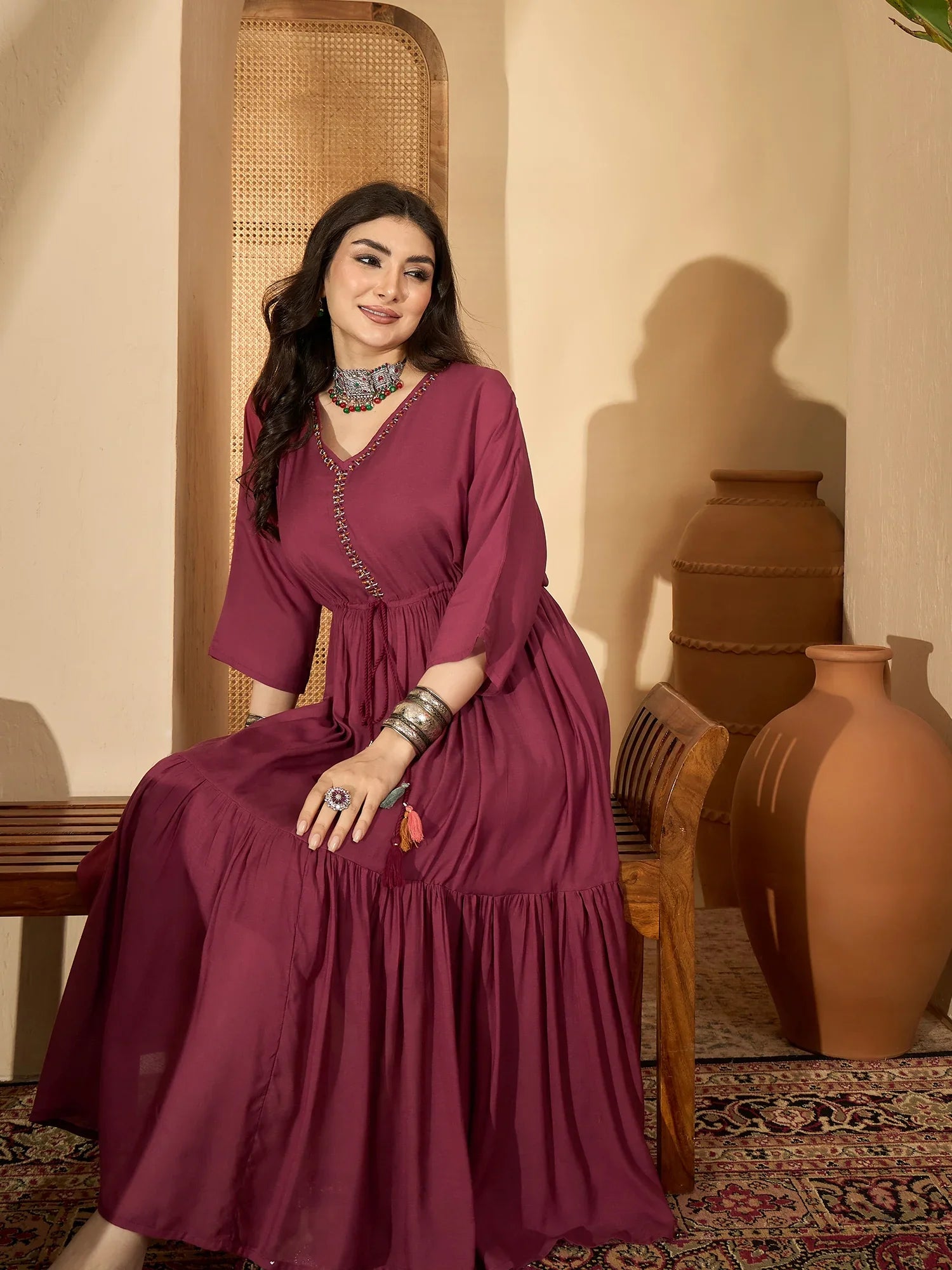 Maroon V-Neck Solid Dress with Inner - SanskrutiHomes