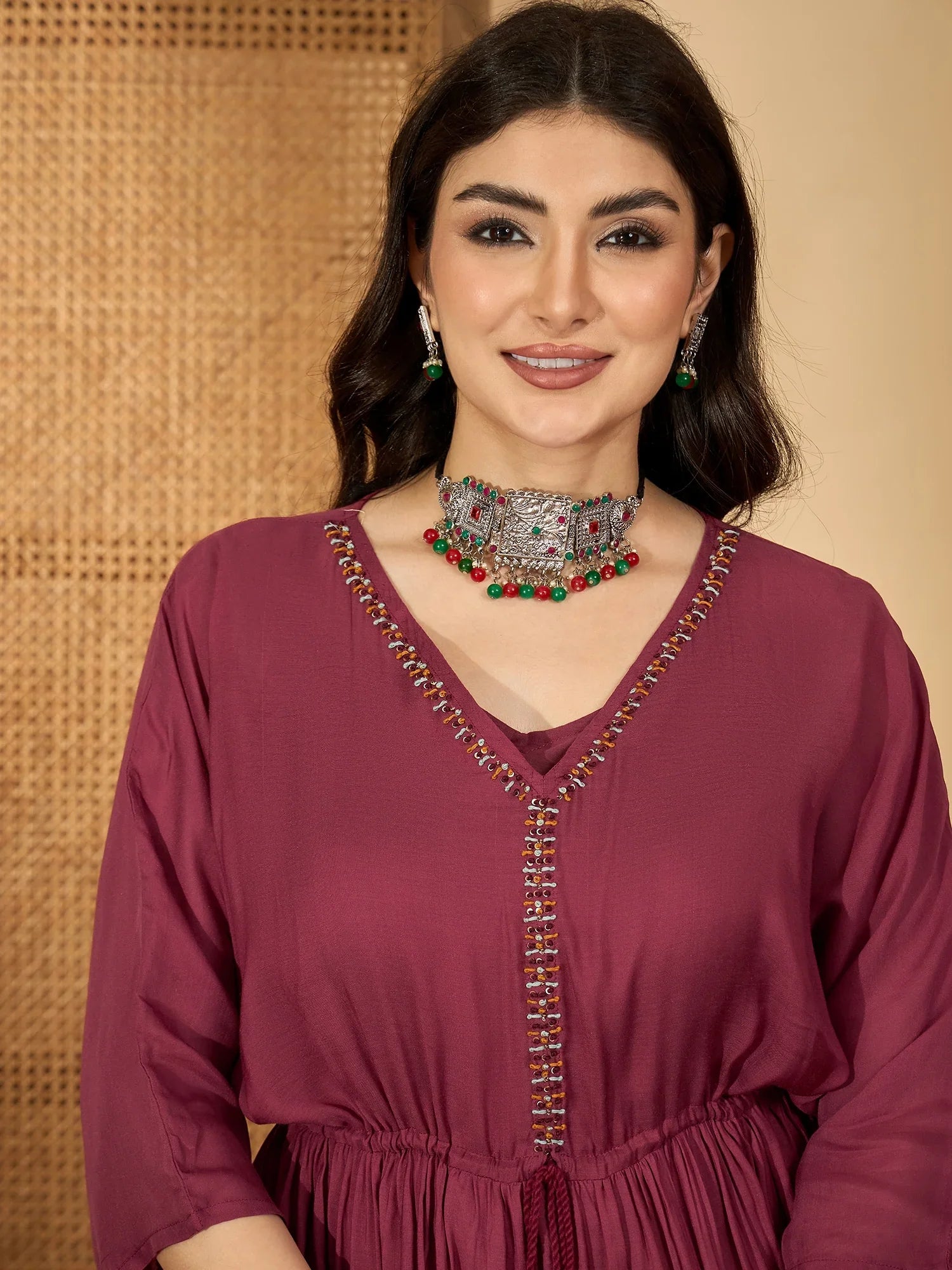 Maroon V-Neck Solid Dress with Inner - SanskrutiHomes