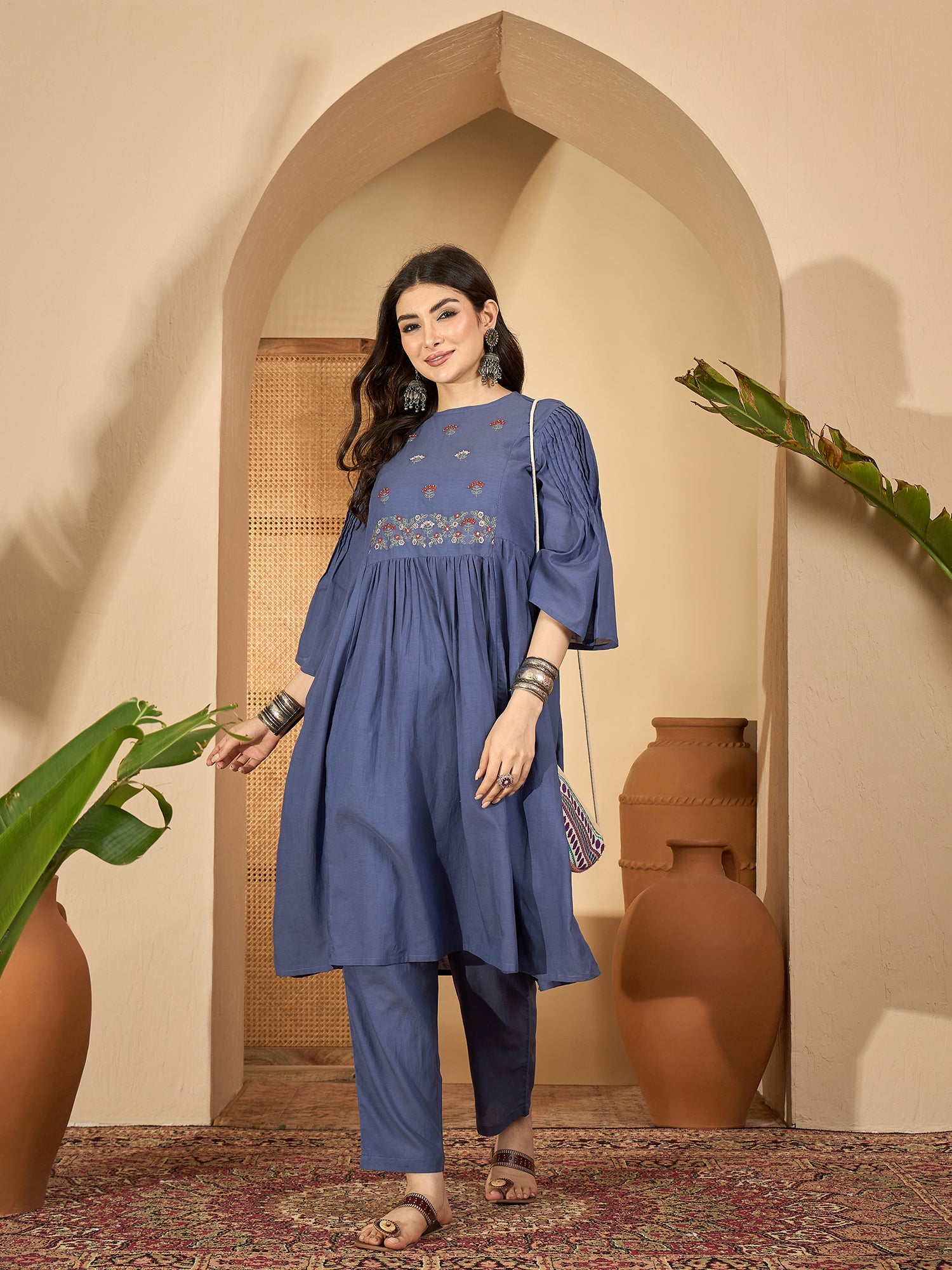 Blue Solid Halter Neck Viscose Rayon Kurta Set For Women