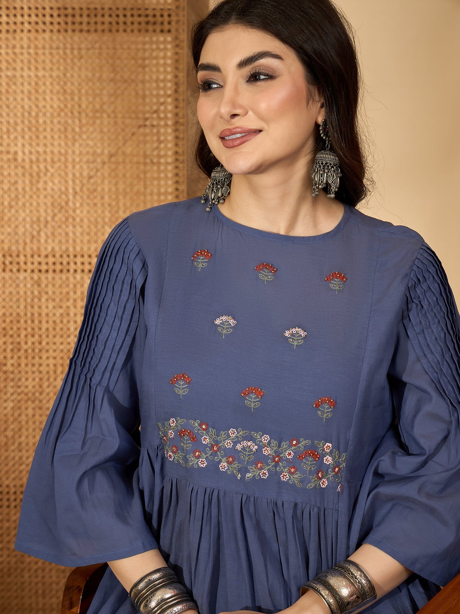 Blue Solid Halter Neck Viscose Rayon Kurta Set For Women