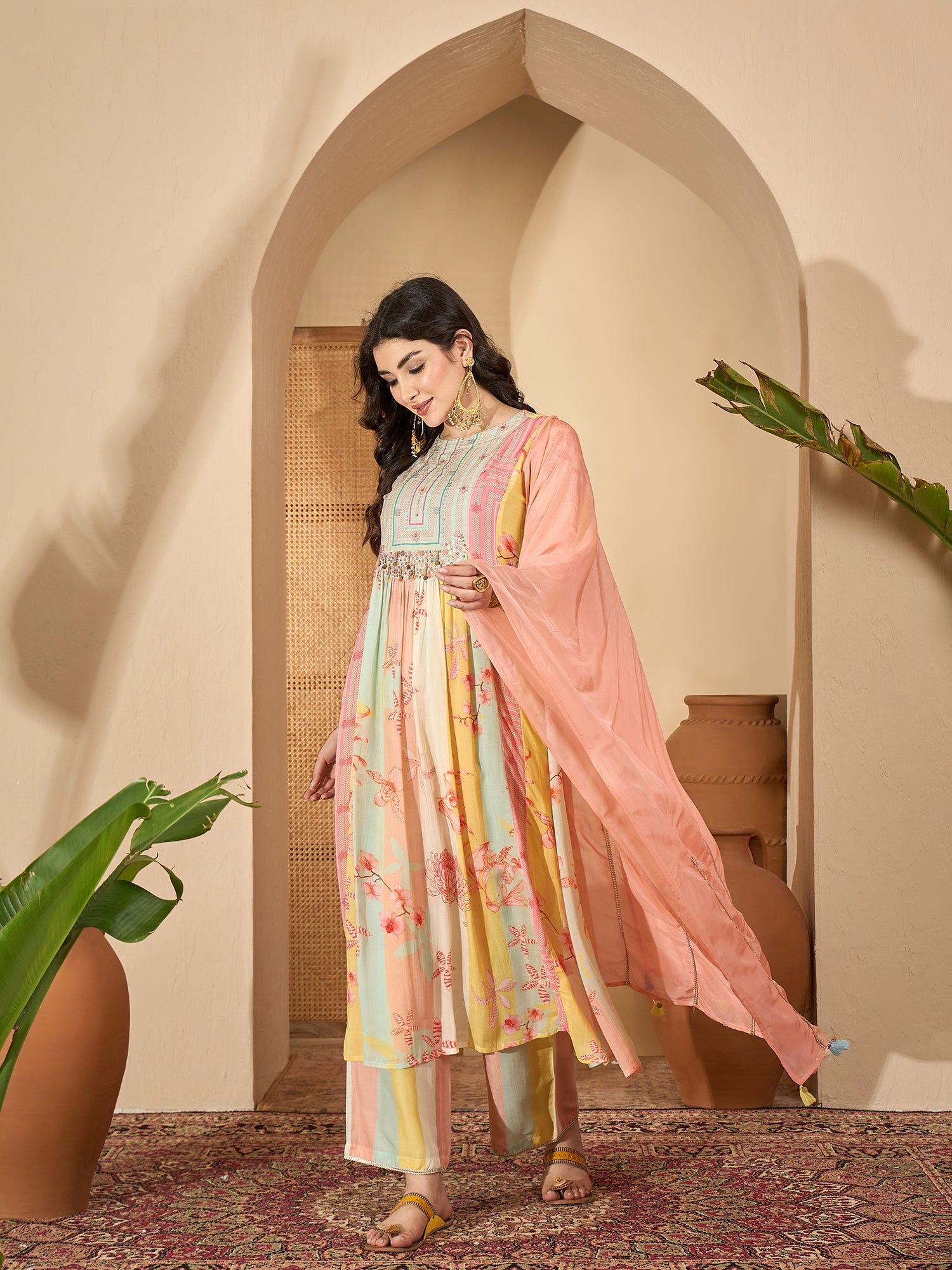 Multicolor Printed Round Neck Pure Cotton Kurta Set For Women