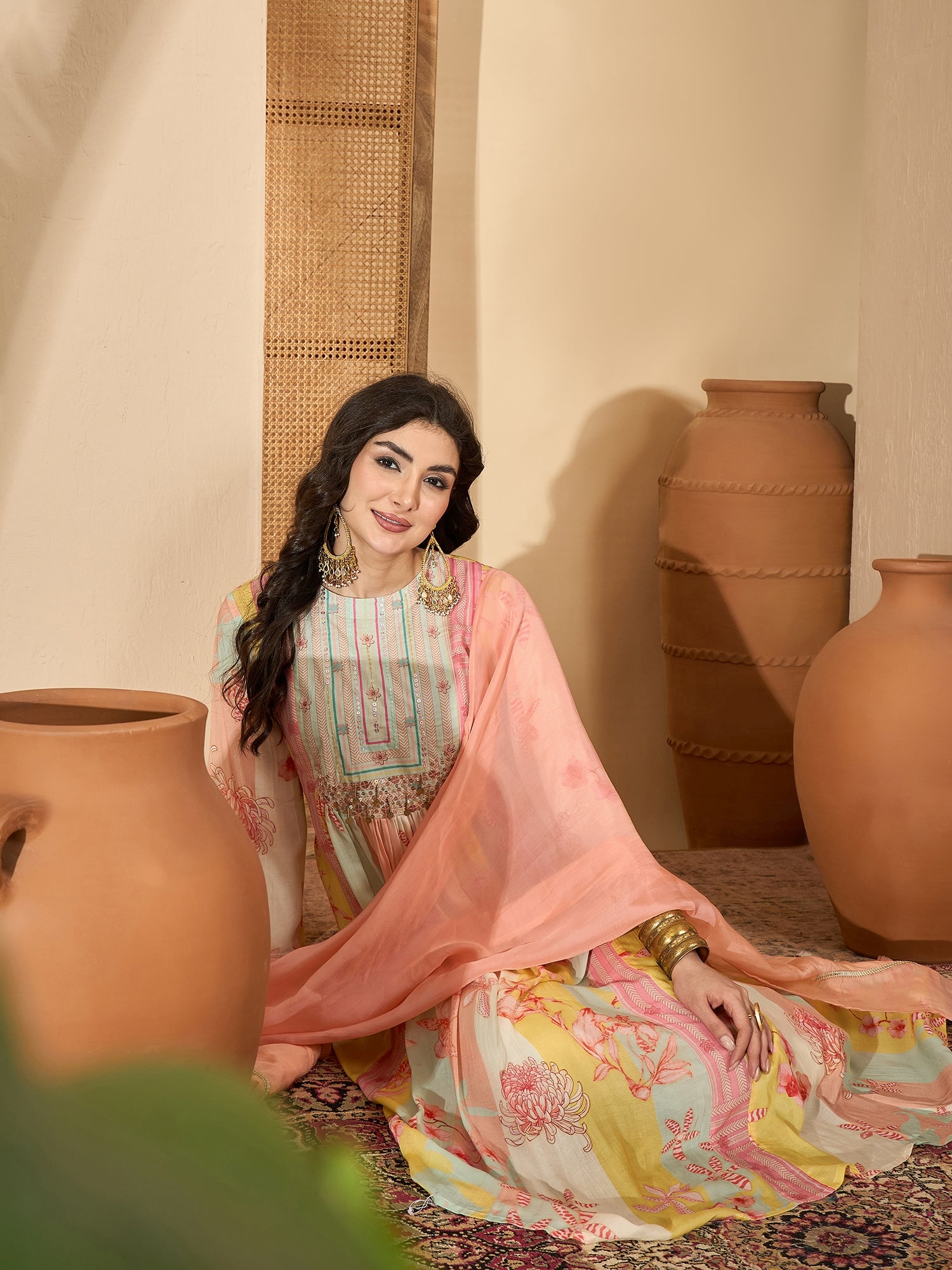 Multicolor Printed Round Neck Pure Cotton Kurta Set For Women