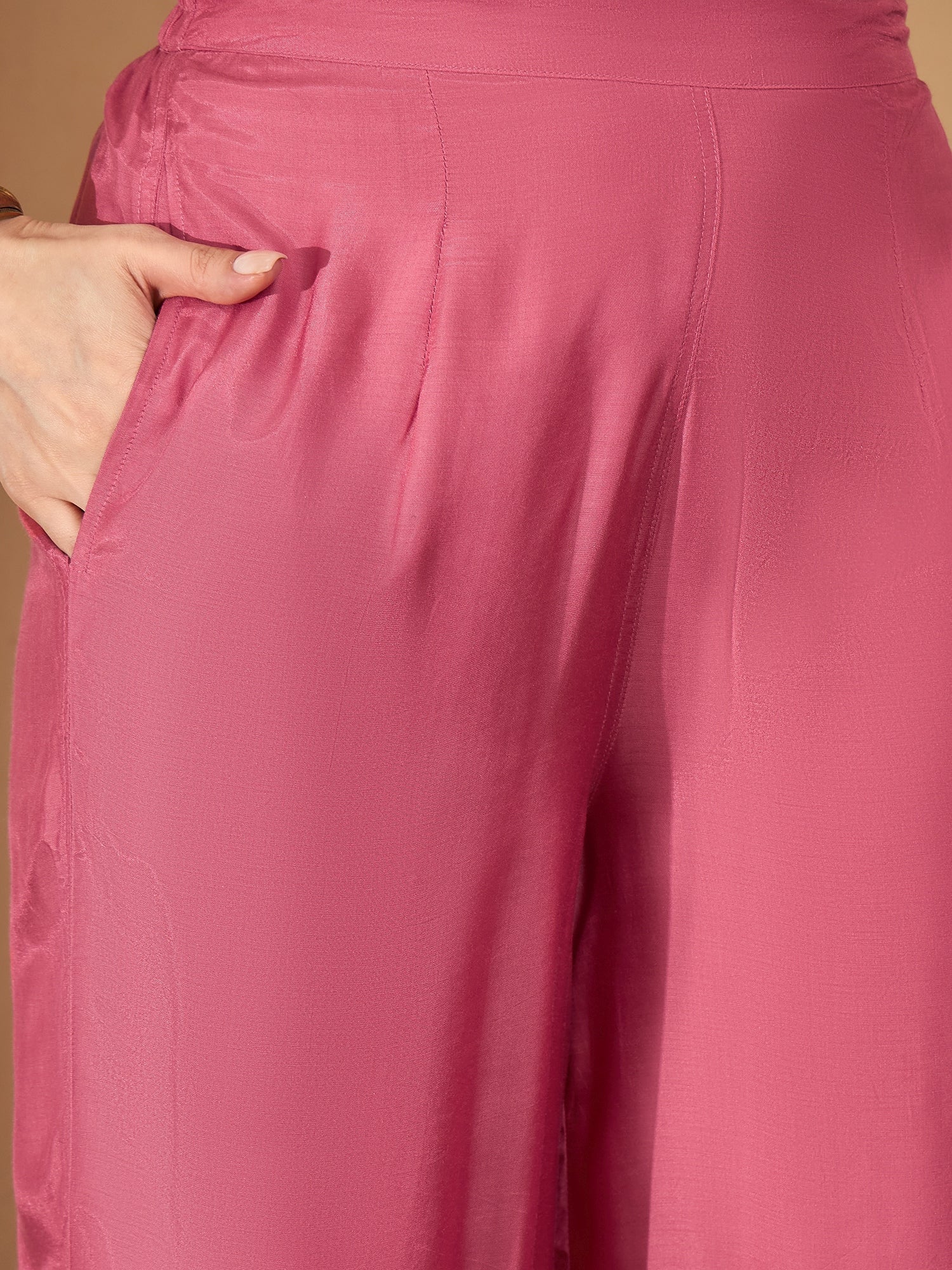 Pink Printed V-Neck Art Silk Kurta Set For Women