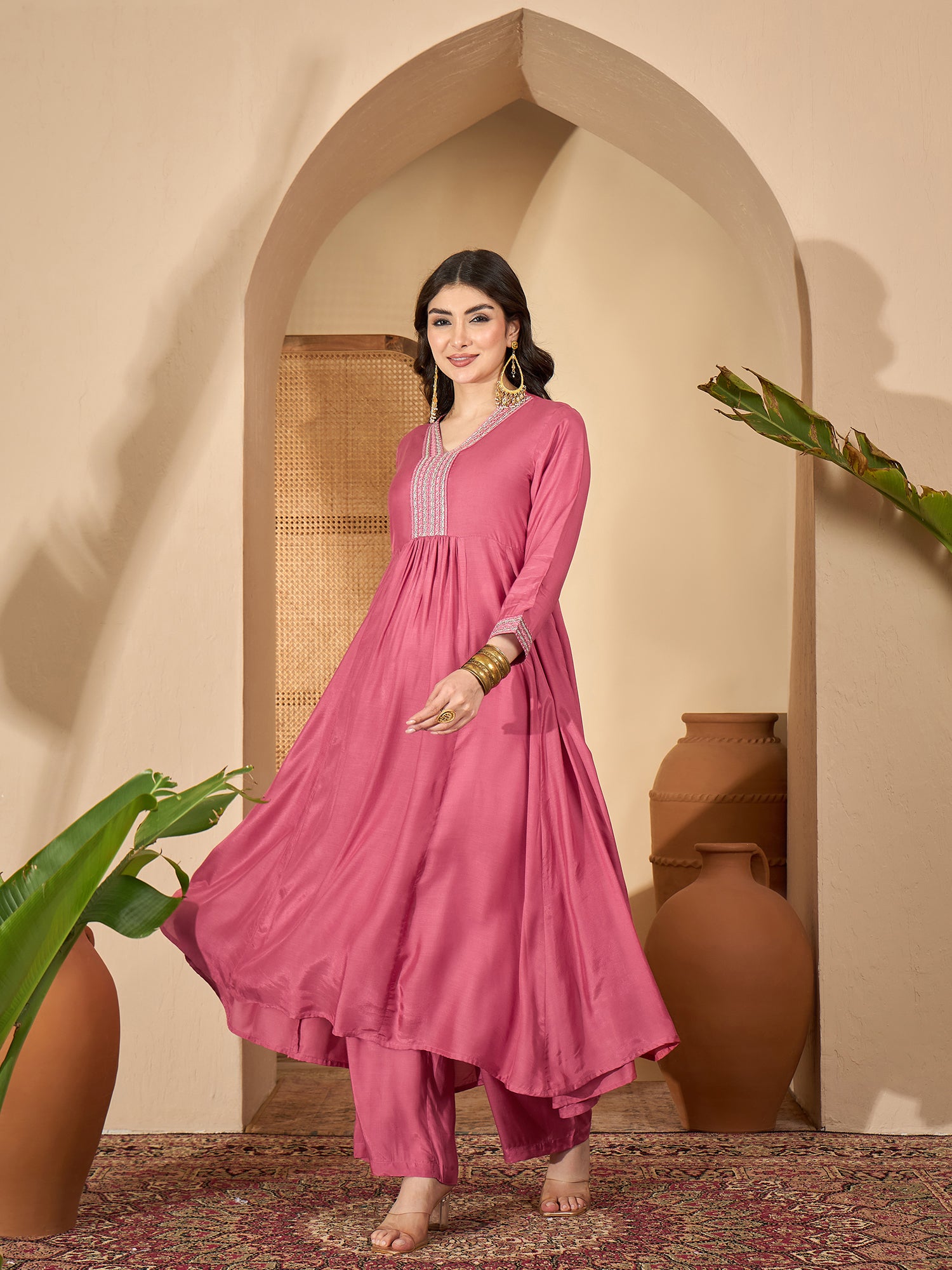 Pink Printed V-Neck Art Silk Kurta Set For Women