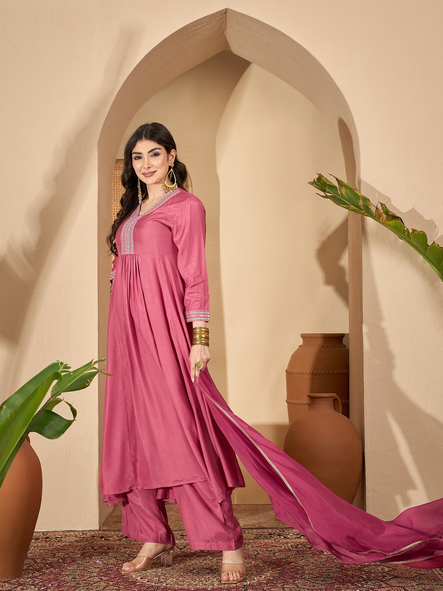 Pink Printed V-Neck Art Silk Kurta Set For Women