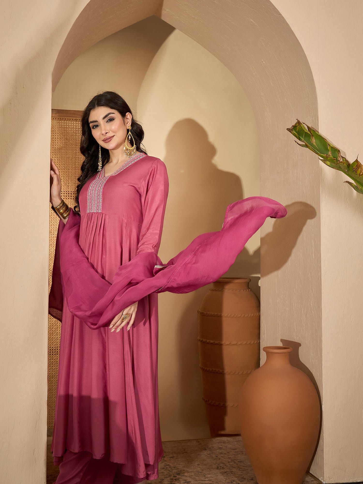 Pink Printed V-Neck Art Silk Kurta Set For Women