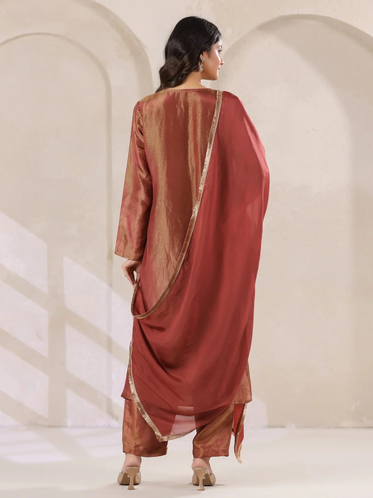 Maroon Tissue Kurta With Straight Pants And Dupatta Set For Women