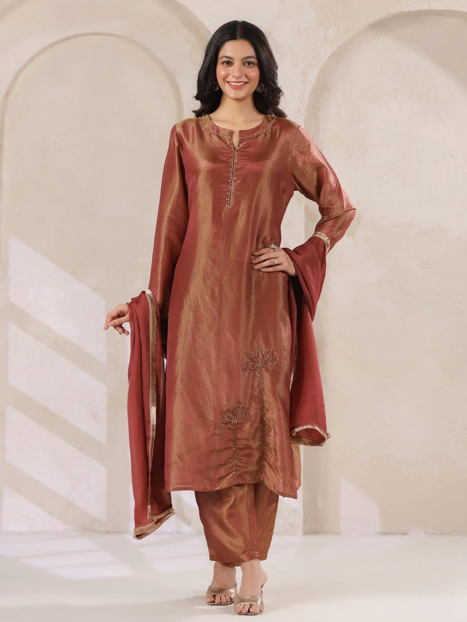 Maroon Tissue Kurta With Straight Pants And Dupatta Set For Women