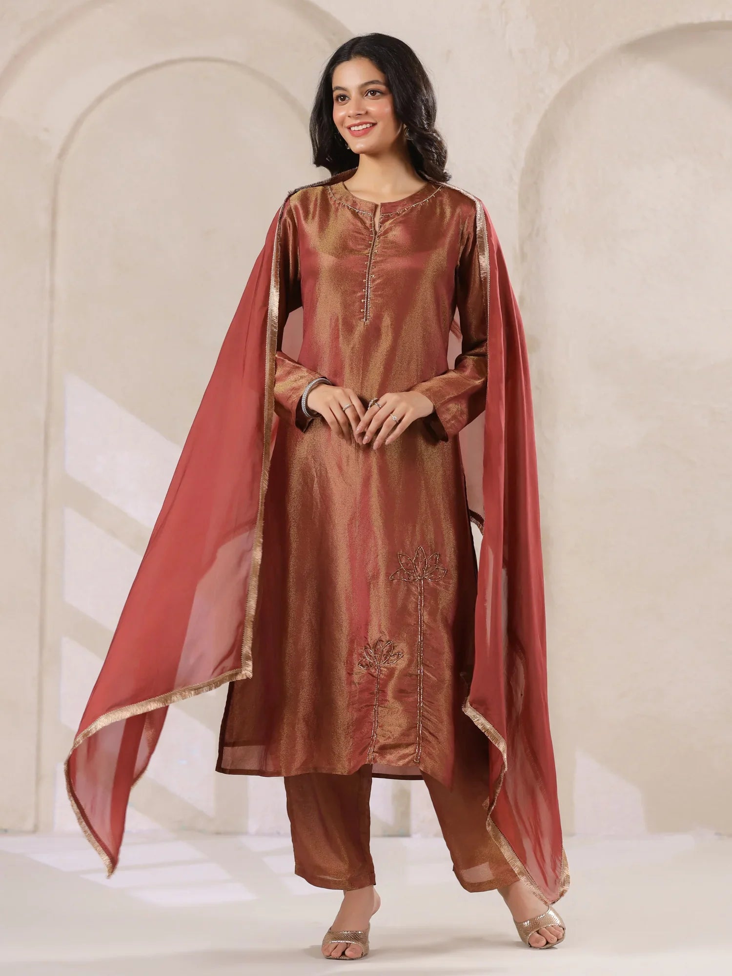 Maroon Tissue Kurta With Straight Pants And Dupatta Set For Women