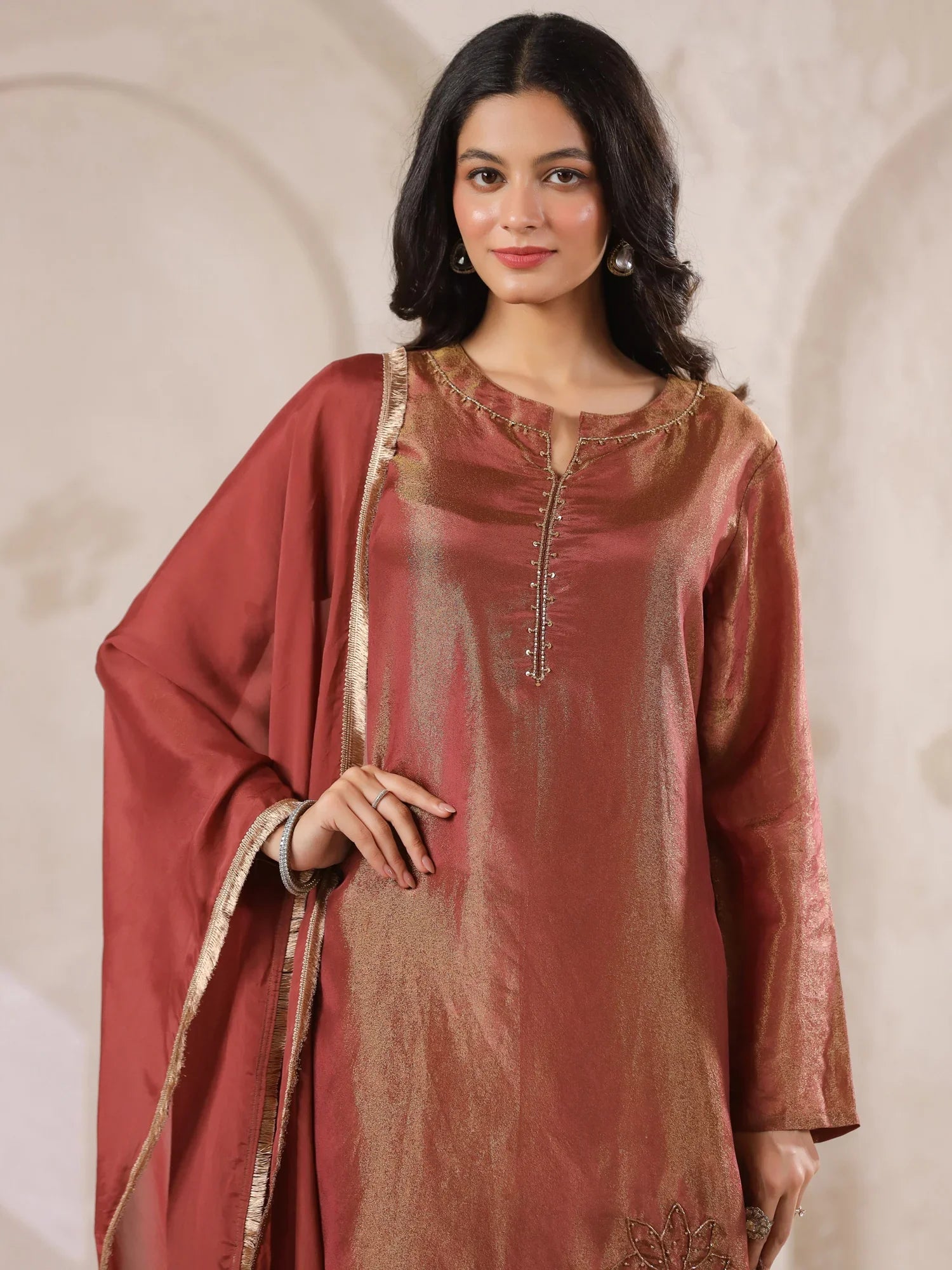Maroon Tissue Kurta With Straight Pants And Dupatta Set For Women