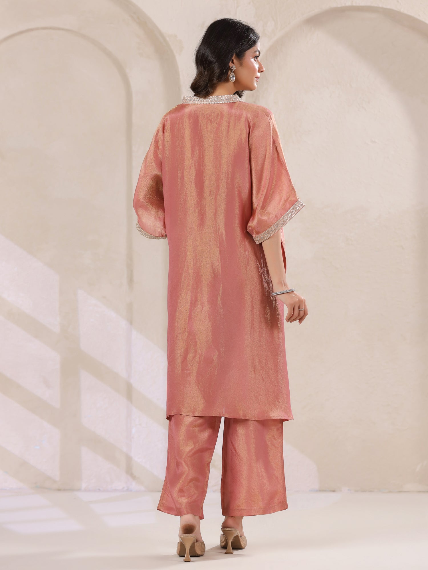 Rust Silk Blend Kaftan Co-ord Set with Embellished for Women