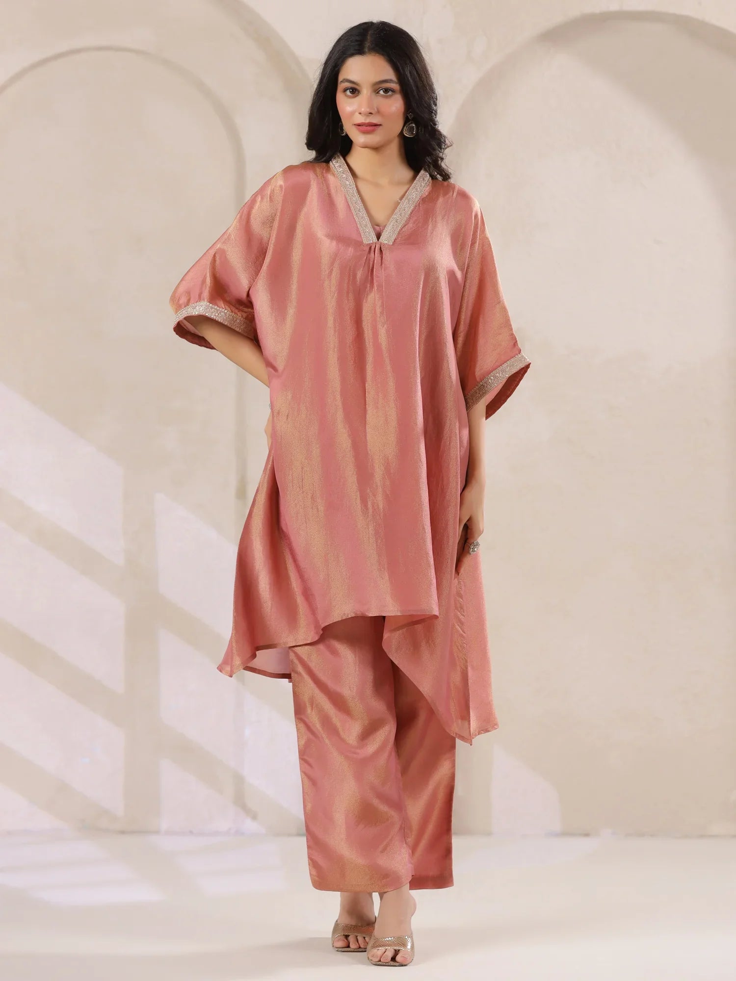 Rust Silk Blend Kaftan Co-ord Set with Embellished for Women - SanskrutiHomes