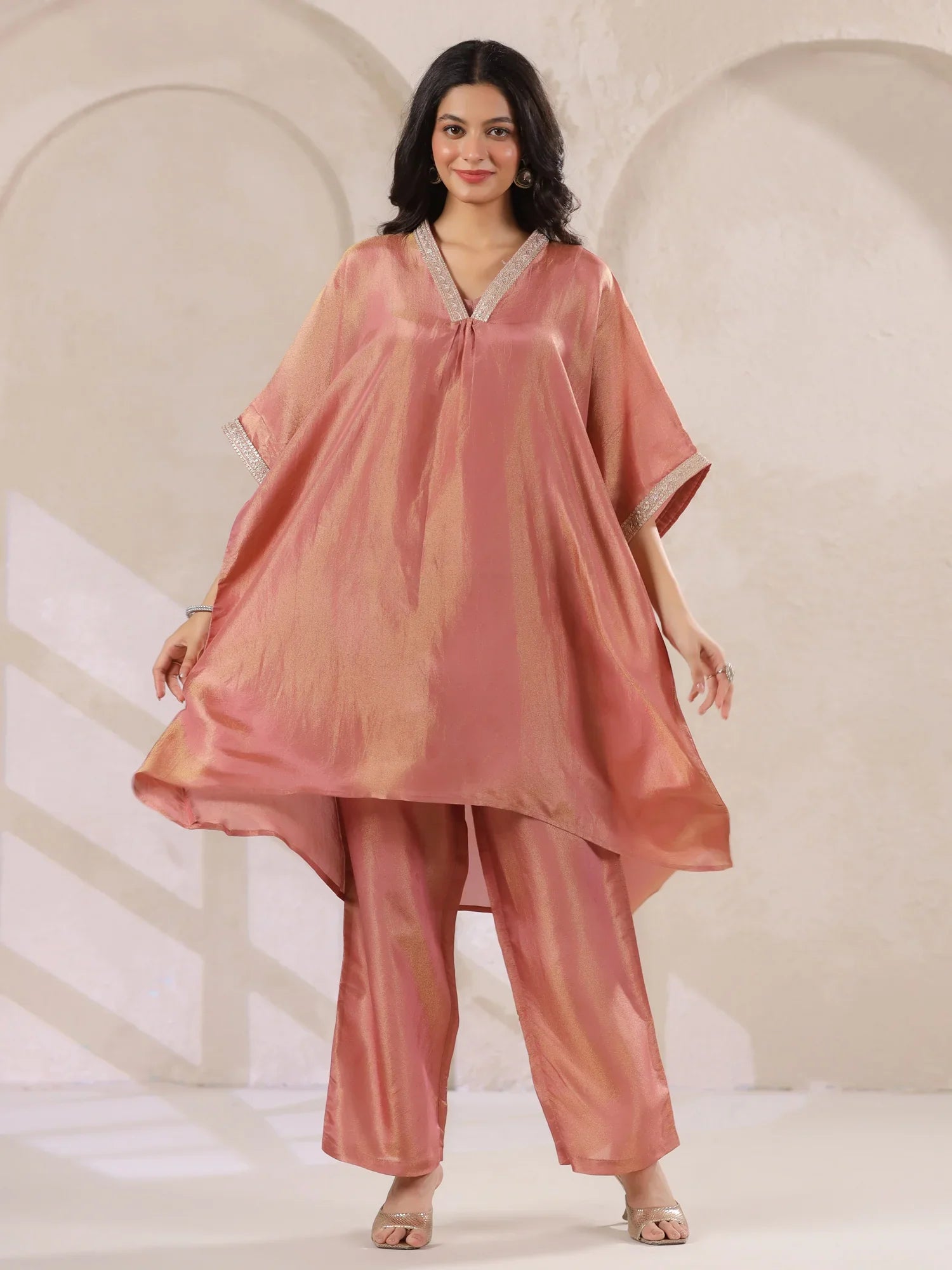 Rust Silk Blend Kaftan Co-ord Set with Embellished for Women - SanskrutiHomes