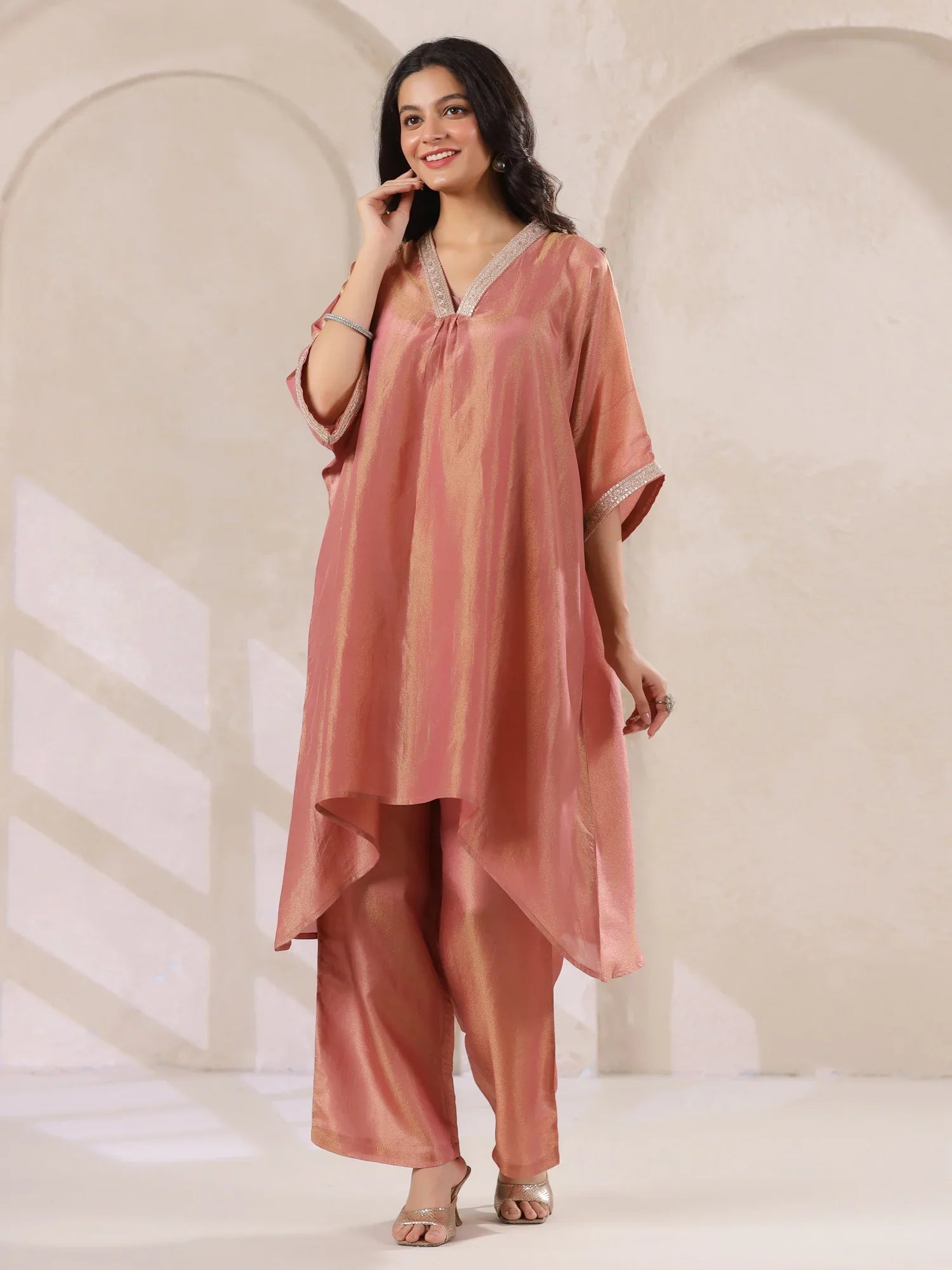 Rust Silk Blend Kaftan Co-ord Set with Embellished for Women - SanskrutiHomes